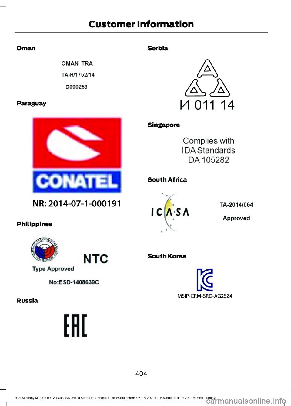 FORD MUSTANG MACH-E 2021 Owners Manual Oman
Paraguay
Philippines
Russia Serbia
Singapore
South Africa
South Korea
404
2021 Mustang Mach-E (CGW) Canada/United States of America, Vehicles Built From: 07-06-2021, enUSA, Edition date: 202104, FORD MUSTANG MACH-E 2021 Owners Manual Oman
Paraguay
Philippines
Russia Serbia
Singapore
South Africa
South Korea
404
2021 Mustang Mach-E (CGW) Canada/United States of America, Vehicles Built From: 07-06-2021, enUSA, Edition date: 202104,