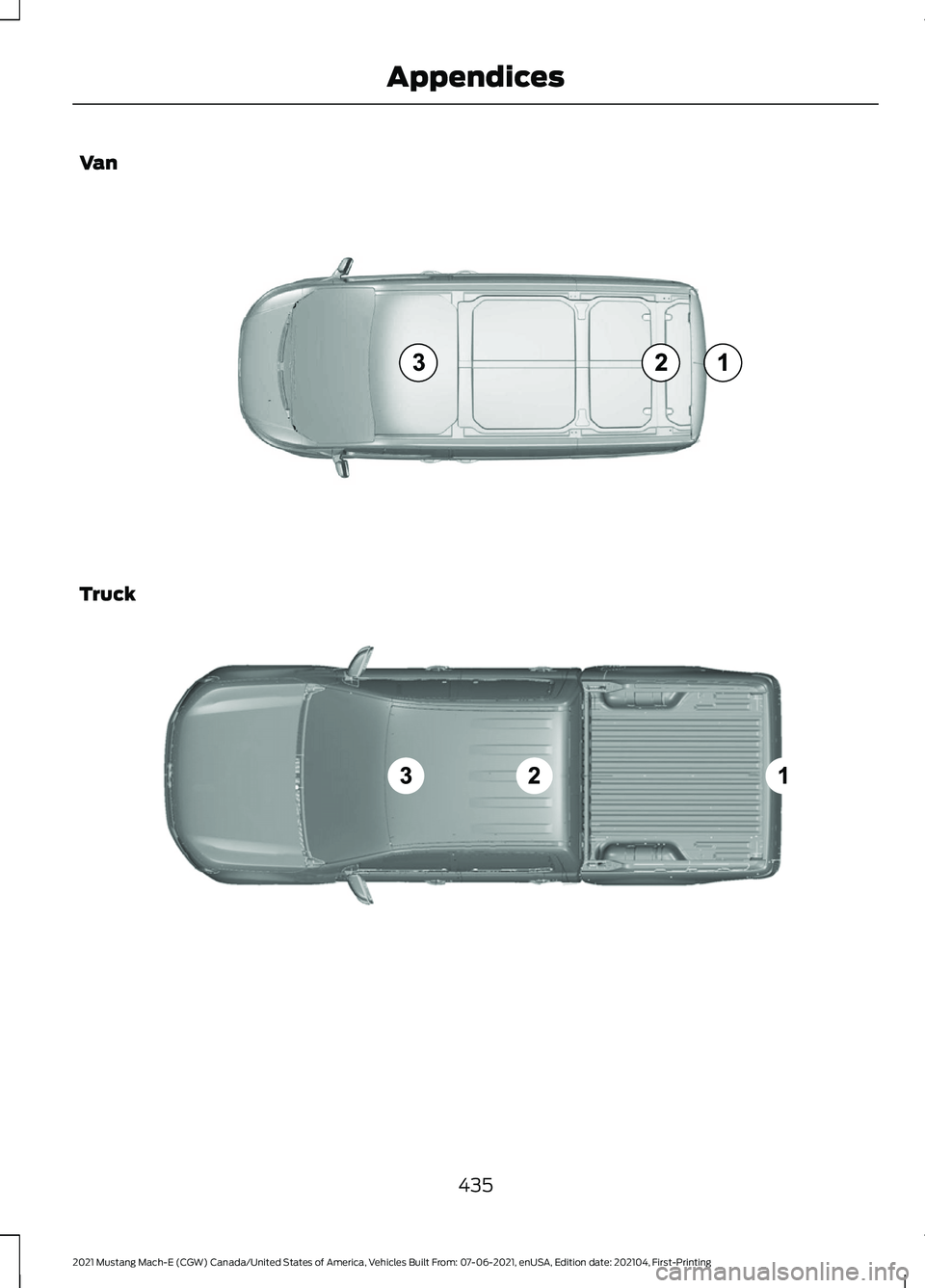 FORD MUSTANG MACH-E 2021 Owners Manual Van
Truck
435
2021 Mustang Mach-E (CGW) Canada/United States of America, Vehicles Built From: 07-06-2021, enUSA, Edition date: 202104, First-Printing AppendicesE239122 E239121 FORD MUSTANG MACH-E 2021 Owners Manual Van
Truck
435
2021 Mustang Mach-E (CGW) Canada/United States of America, Vehicles Built From: 07-06-2021, enUSA, Edition date: 202104, First-Printing AppendicesE239122 E239121