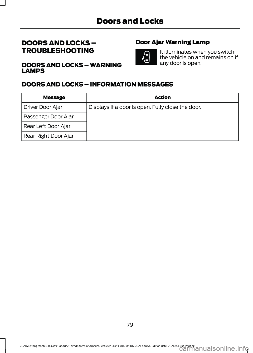 FORD MUSTANG MACH-E 2021  Owners Manual DOORS AND LOCKS –
TROUBLESHOOTING
DOORS AND LOCKS – WARNING
LAMPS
Door Ajar Warning Lamp It illuminates when you switch
the vehicle on and remains on if
any door is open.
DOORS AND LOCKS – INFOR