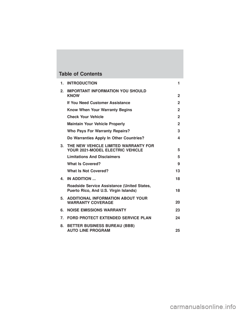 FORD MUSTANG MACH-E 2021  Warranty Guide Table of Contents
1. INTRODUCTION1
2. IMPORTANT INFORMATION YOU SHOULD KNOW 2
If You Need Customer Assistance 2
Know When Your Warranty Begins 2
Check Your Vehicle 2
Maintain Your Vehicle Properly 2
W