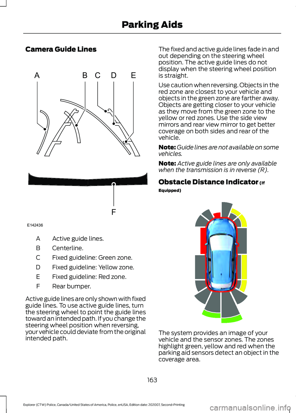 FORD POLICE INTERCEPTOR 2021  Owners Manual Camera Guide Lines
Active guide lines.
A
Centerline.
B
Fixed guideline: Green zone.
C
Fixed guideline: Yellow zone.
D
Fixed guideline: Red zone.
E
Rear bumper.
F
Active guide lines are only shown with