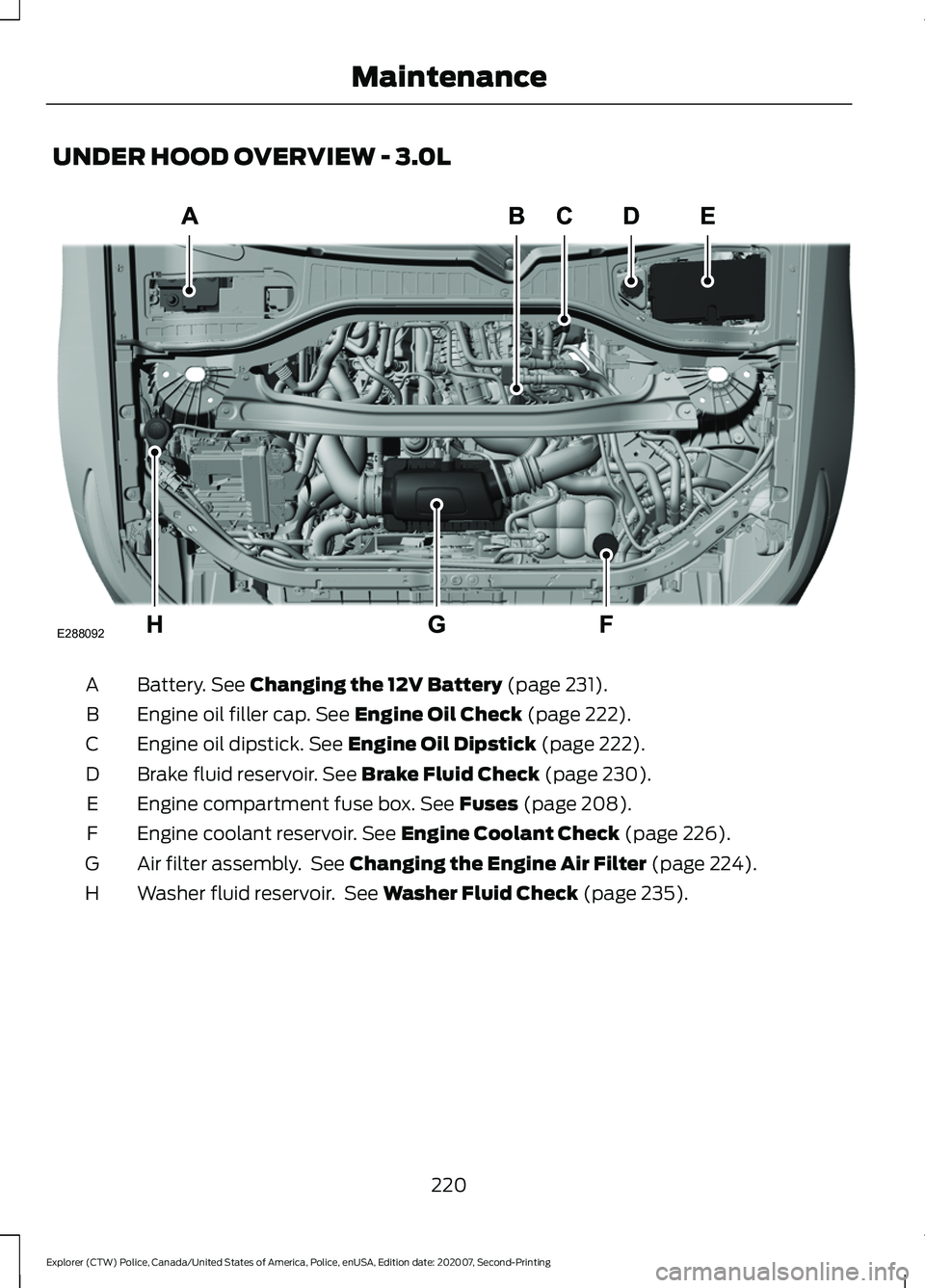 FORD POLICE INTERCEPTOR 2021 Owners Guide UNDER HOOD OVERVIEW - 3.0L
Battery. See Changing the 12V Battery (page 231).
A
Engine oil filler cap.
See Engine Oil Check (page 222).
B
Engine oil dipstick.
See Engine Oil Dipstick (page 222).
C
Br FORD POLICE INTERCEPTOR 2021 Owners Guide UNDER HOOD OVERVIEW - 3.0L
Battery. See Changing the 12V Battery (page 231).
A
Engine oil filler cap.
See Engine Oil Check (page 222).
B
Engine oil dipstick.
See Engine Oil Dipstick (page 222).
C
Br