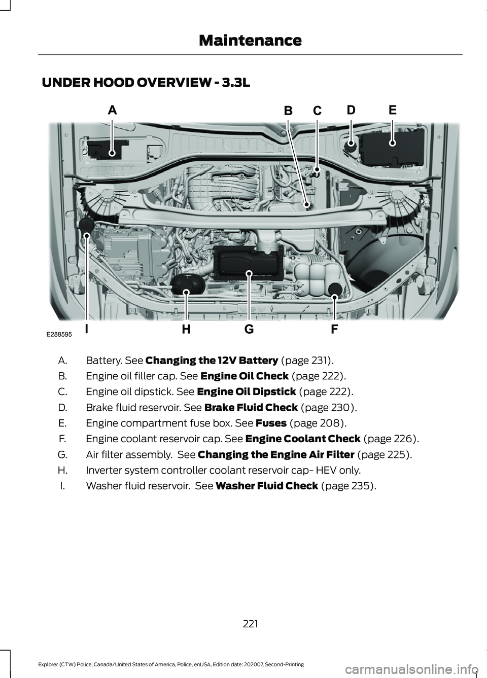 FORD POLICE INTERCEPTOR 2021  Owners Manual UNDER HOOD OVERVIEW - 3.3L
Battery. See Changing the 12V Battery (page 231).
A.
Engine oil filler cap.
 See Engine Oil Check (page 222).
B.
Engine oil dipstick.
 See Engine Oil Dipstick (page 222).
C.