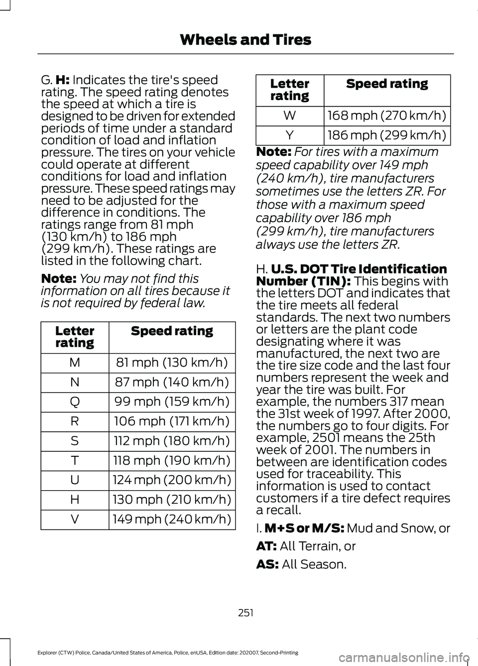 FORD POLICE INTERCEPTOR 2021  Owners Manual G.
H: Indicates the tire's speed
rating. The speed rating denotes
the speed at which a tire is
designed to be driven for extended
periods of time under a standard
condition of load and inflation
p