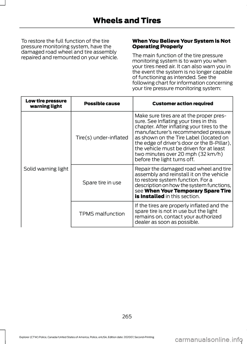 FORD POLICE INTERCEPTOR 2021  Owners Manual To restore the full function of the tire
pressure monitoring system, have the
damaged road wheel and tire assembly
repaired and remounted on your vehicle.
When You Believe Your System is Not
Operating
