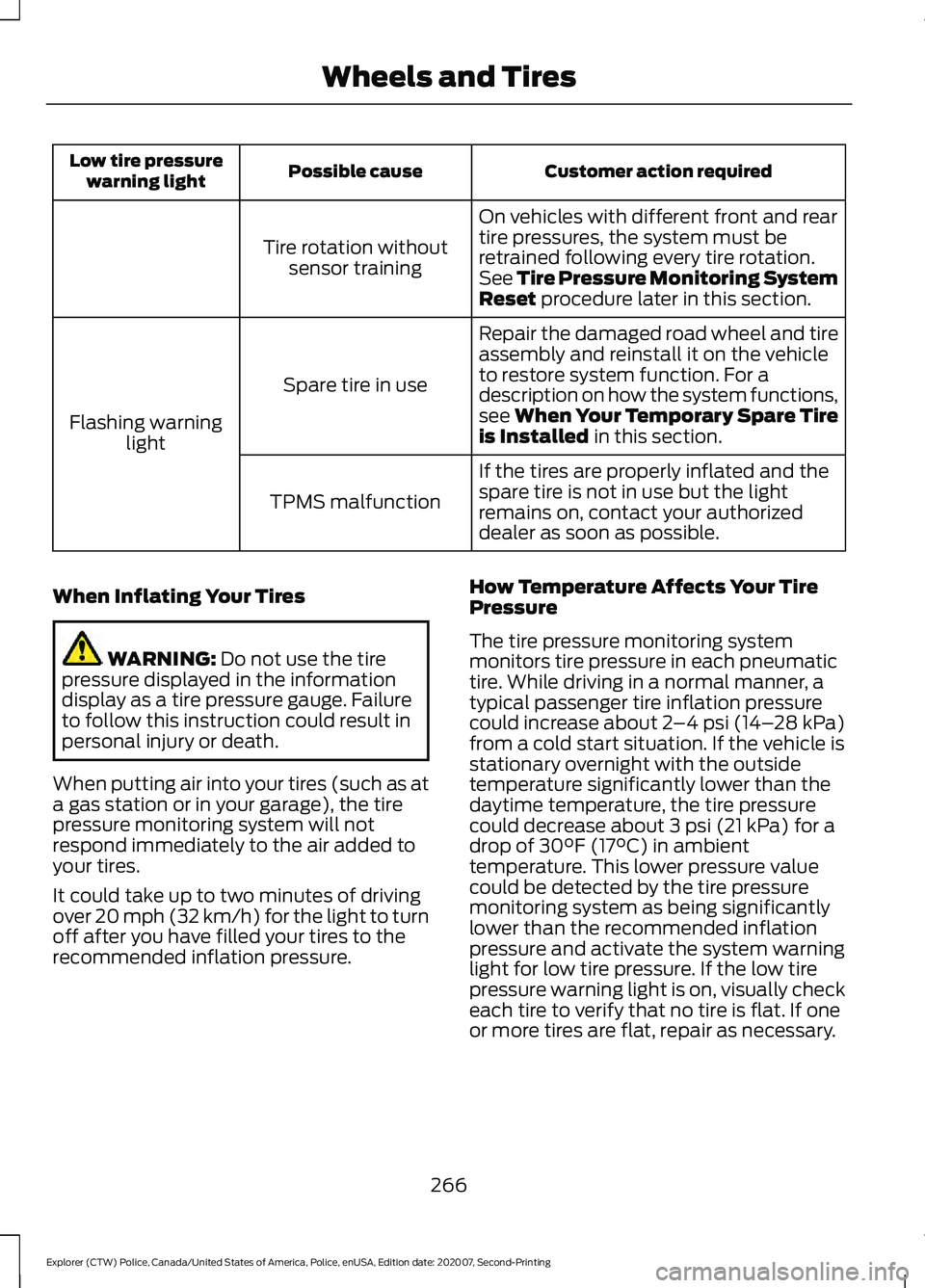FORD POLICE INTERCEPTOR 2021 Repair Manual Customer action required
Possible cause
Low tire pressure
warning light
On vehicles with different front and rear
tire pressures, the system must be
retrained following every tire rotation.
See Tire P FORD POLICE INTERCEPTOR 2021 Repair Manual Customer action required
Possible cause
Low tire pressure
warning light
On vehicles with different front and rear
tire pressures, the system must be
retrained following every tire rotation.
See Tire P