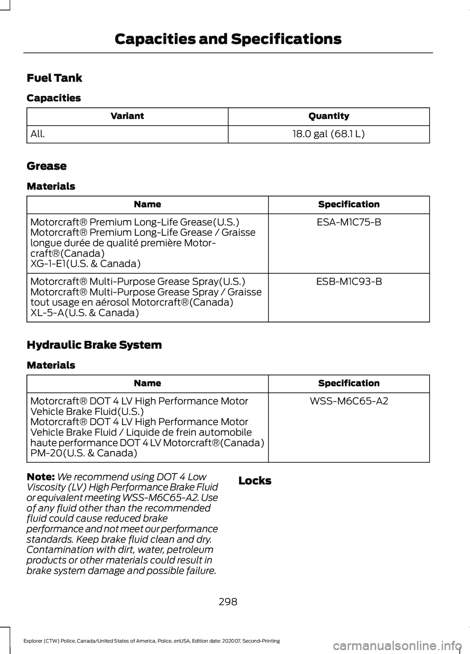FORD POLICE INTERCEPTOR 2021  Owners Manual Fuel Tank
Capacities
Quantity
Variant
18.0 gal (68.1 L)
All.
Grease
Materials Specification
Name
ESA-M1C75-B
Motorcraft® Premium Long-Life Grease(U.S.)
Motorcraft® Premium Long-Life Grease / Graisse