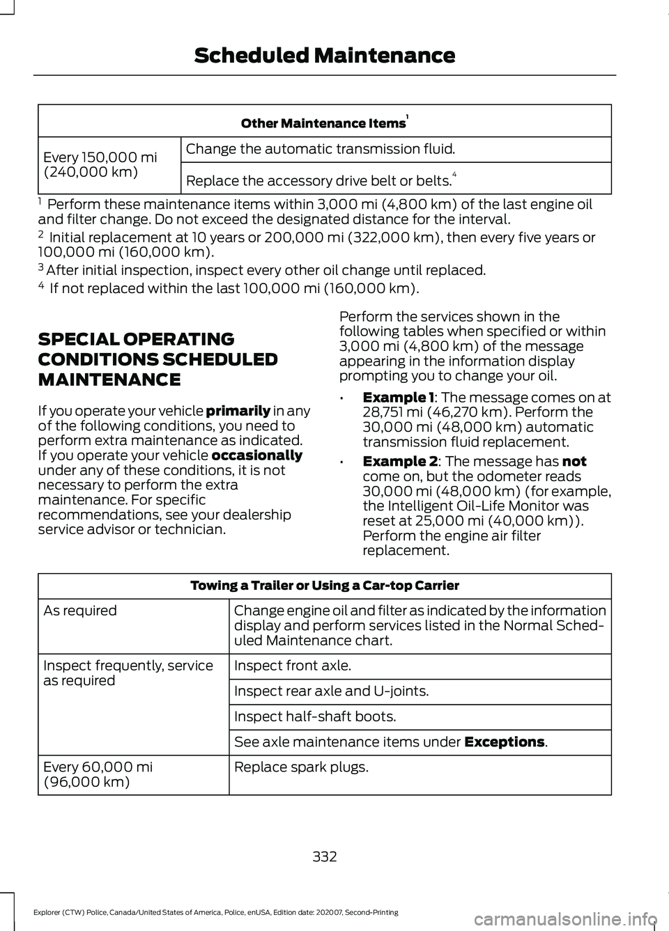 FORD POLICE INTERCEPTOR 2021 Owners Manual Other Maintenance Items
1
Change the automatic transmission fluid.
Every 150,000 mi
(240,000 km) Replace the accessory drive belt or belts. 4
1 Perform these maintenance items within
3,000 mi (4,80 FORD POLICE INTERCEPTOR 2021 Owners Manual Other Maintenance Items
1
Change the automatic transmission fluid.
Every 150,000 mi
(240,000 km) Replace the accessory drive belt or belts. 4
1 Perform these maintenance items within
3,000 mi (4,80
