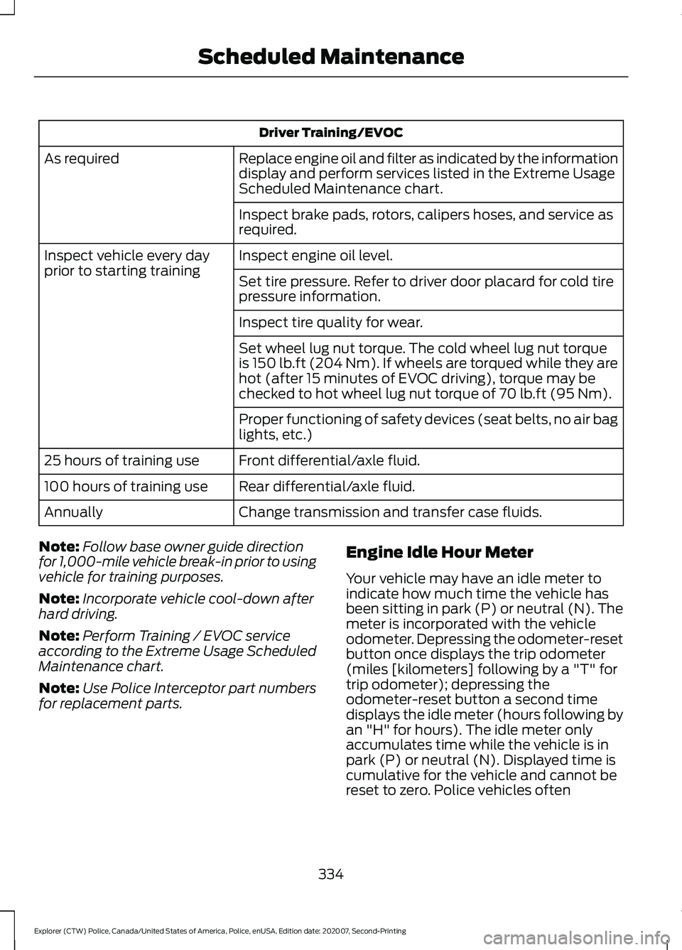 FORD POLICE INTERCEPTOR 2021  Owners Manual Driver Training/EVOC
Replace engine oil and filter as indicated by the information
display and perform services listed in the Extreme Usage
Scheduled Maintenance chart.
As required
Inspect brake pads,