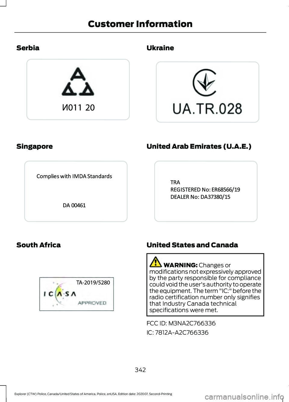 FORD POLICE INTERCEPTOR 2021 Owners Manual Serbia
Singapore
South Africa Ukraine
United Arab Emirates (U.A.E.)
United States and Canada
WARNING: Changes or
modifications not expressively approved
by the party responsible for compliance
could v FORD POLICE INTERCEPTOR 2021 Owners Manual Serbia
Singapore
South Africa Ukraine
United Arab Emirates (U.A.E.)
United States and Canada
WARNING: Changes or
modifications not expressively approved
by the party responsible for compliance
could v