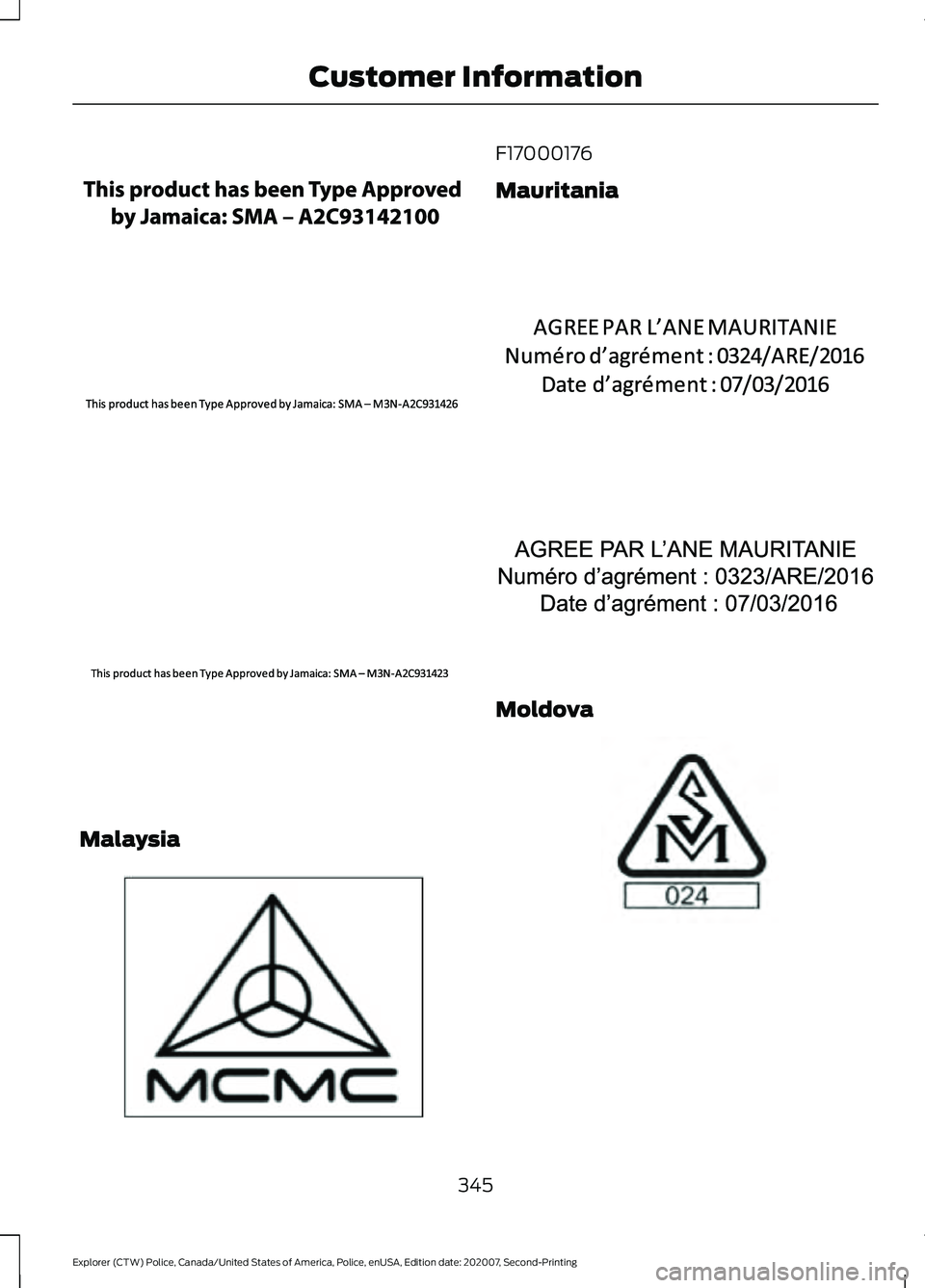 FORD POLICE INTERCEPTOR 2021  Owners Manual Malaysia F17000176
Mauritania
Moldova
345
Explorer (CTW) Police, Canada/United States of America, Police, enUSA, Edition date: 202007, Second-Printing Customer InformationE340308  E340219  E340215   E