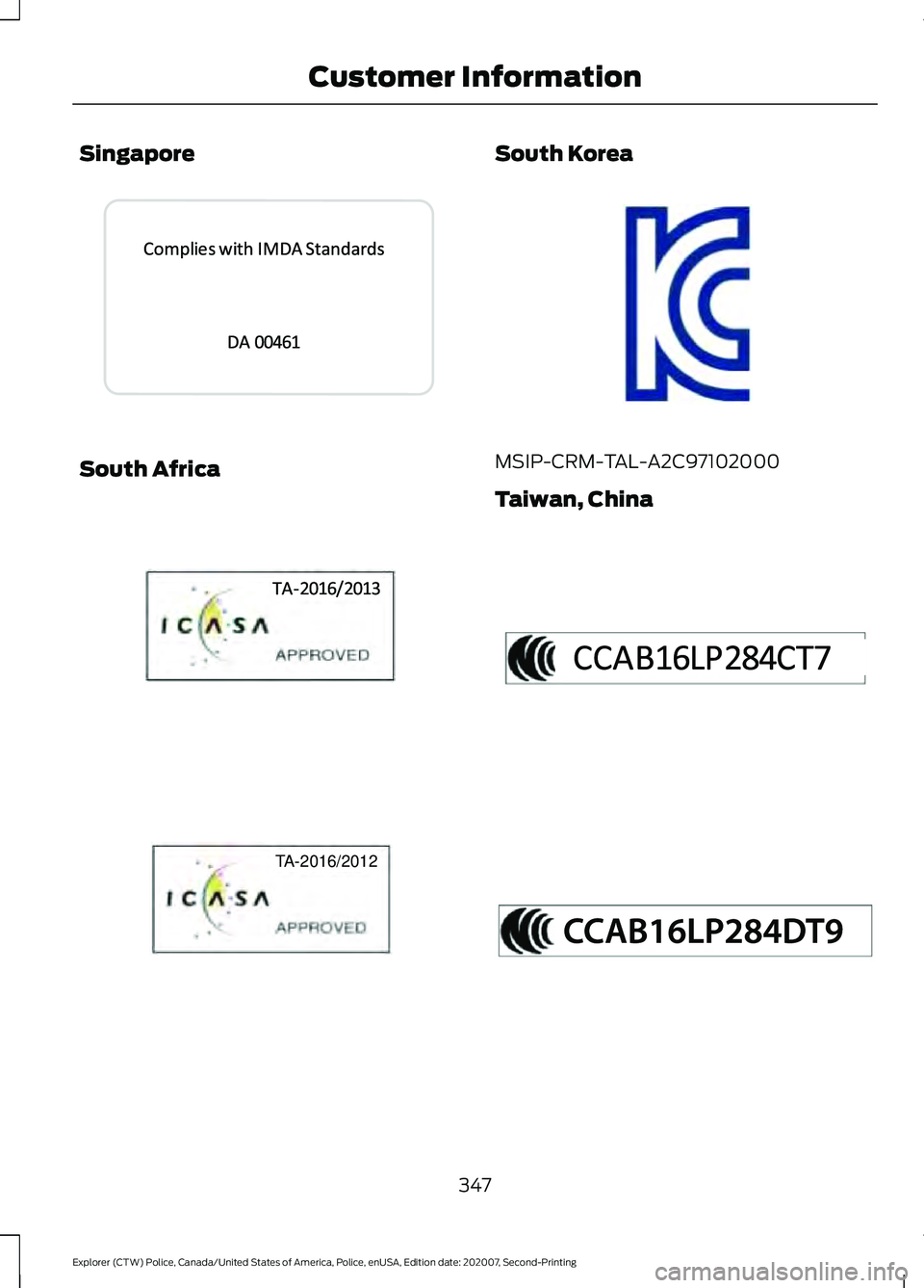 FORD POLICE INTERCEPTOR 2021  Owners Manual Singapore
South Africa South Korea
MSIP-CRM-TAL-A2C97102000
Taiwan, China
347
Explorer (CTW) Police, Canada/United States of America, Police, enUSA, Edition date: 202007, Second-Printing Customer Info