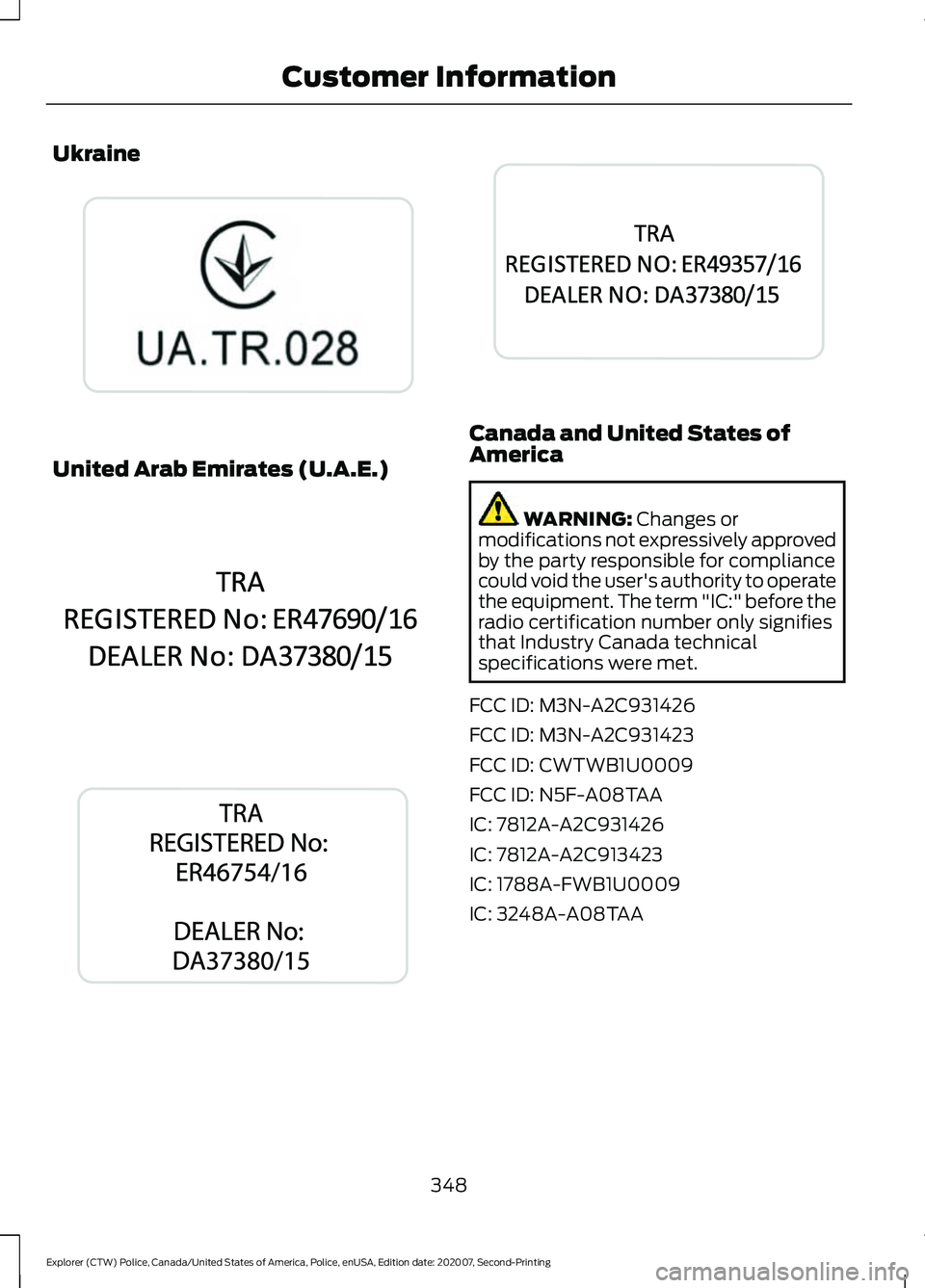 FORD POLICE INTERCEPTOR 2021 Owners Manual Ukraine
United Arab Emirates (U.A.E.) Canada and United States of
America
WARNING: Changes or
modifications not expressively approved
by the party responsible for compliance
could void the user's FORD POLICE INTERCEPTOR 2021 Owners Manual Ukraine
United Arab Emirates (U.A.E.) Canada and United States of
America
WARNING: Changes or
modifications not expressively approved
by the party responsible for compliance
could void the user's