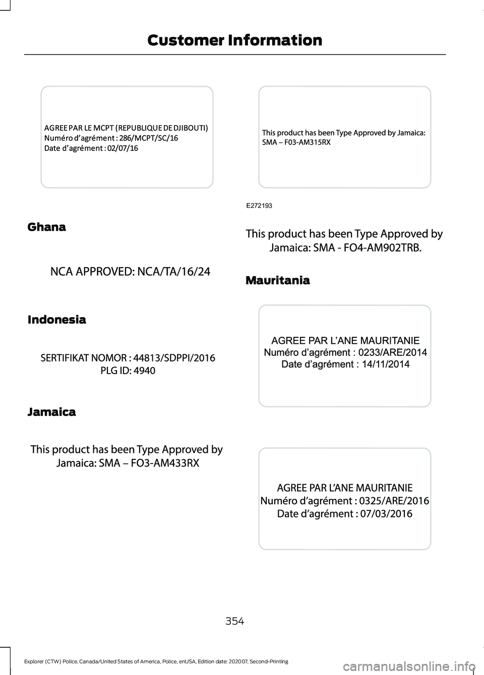 FORD POLICE INTERCEPTOR 2021  Owners Manual Ghana
Indonesia
Jamaica Mauritania
354
Explorer (CTW) Police, Canada/United States of America, Police, enUSA, Edition date: 202007, Second-Printing Customer InformationE343015  E341732  A
B
A
12
203A
