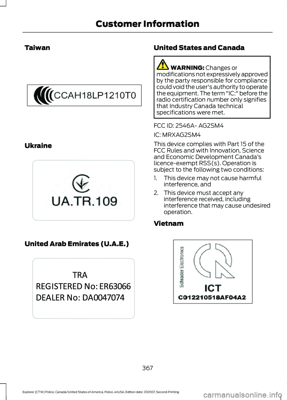 FORD POLICE INTERCEPTOR 2021 User Guide Taiwan
Ukraine
United Arab Emirates (U.A.E.) United States and Canada
WARNING: Changes or
modifications not expressively approved
by the party responsible for compliance
could void the user's auth FORD POLICE INTERCEPTOR 2021 User Guide Taiwan
Ukraine
United Arab Emirates (U.A.E.) United States and Canada
WARNING: Changes or
modifications not expressively approved
by the party responsible for compliance
could void the user's auth