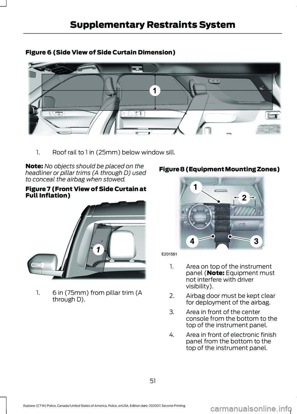 FORD POLICE INTERCEPTOR 2021  Owners Manual Figure 6 (Side View of Side Curtain Dimension)
Roof rail to 1 in (25mm) below window sill.
1.
Note: No objects should be placed on the
headliner or pillar trims (A through D) used
to conceal the airba