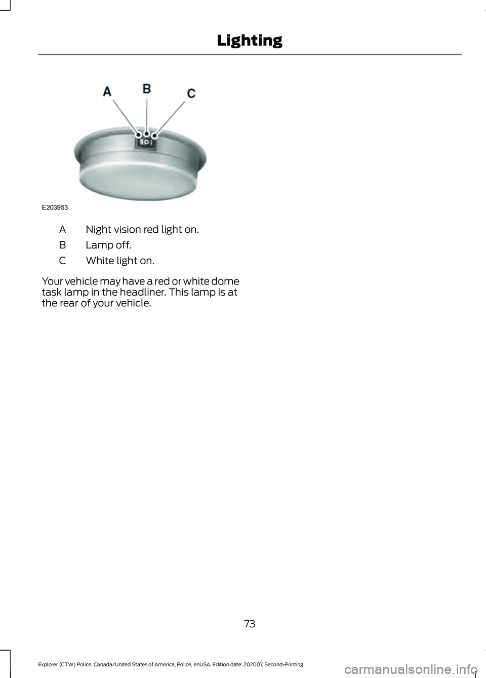 FORD POLICE INTERCEPTOR 2021 Manual PDF Night vision red light on.
A
Lamp off.
B
White light on.
C
Your vehicle may have a red or white dome
task lamp in the headliner. This lamp is at
the rear of your vehicle.
73
Explorer (CTW) Police, Can