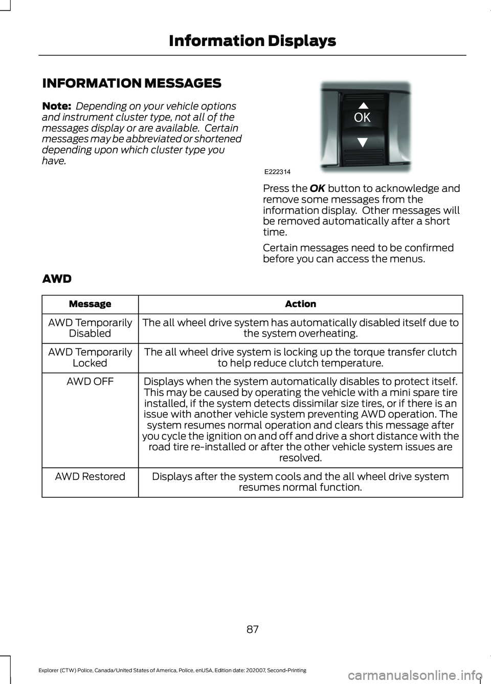 FORD POLICE INTERCEPTOR 2021 User Guide INFORMATION MESSAGES
Note:
 Depending on your vehicle options
and instrument cluster type, not all of the
messages display or are available.  Certain
messages may be abbreviated or shortened
depending