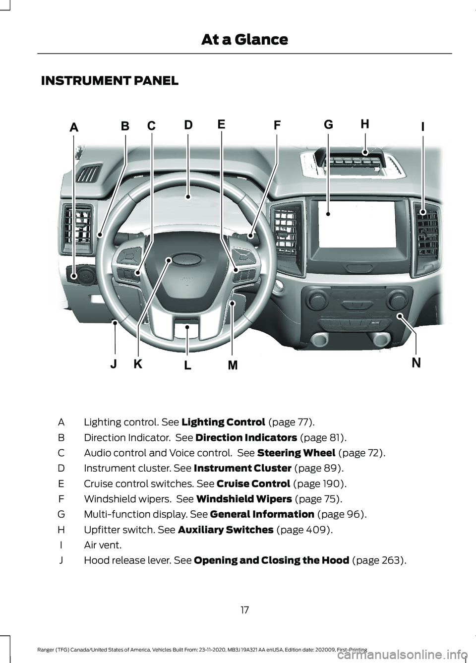 FORD RANGER 2021 Owners Manual INSTRUMENT PANEL
Lighting control. See Lighting Control (page 77).
A
Direction Indicator. See
Direction Indicators (page 81).
B
Audio control and Voice control. See
Steering Wheel (page 72).
C
Ins FORD RANGER 2021 Owners Manual INSTRUMENT PANEL
Lighting control. See Lighting Control (page 77).
A
Direction Indicator. See
Direction Indicators (page 81).
B
Audio control and Voice control. See
Steering Wheel (page 72).
C
Ins