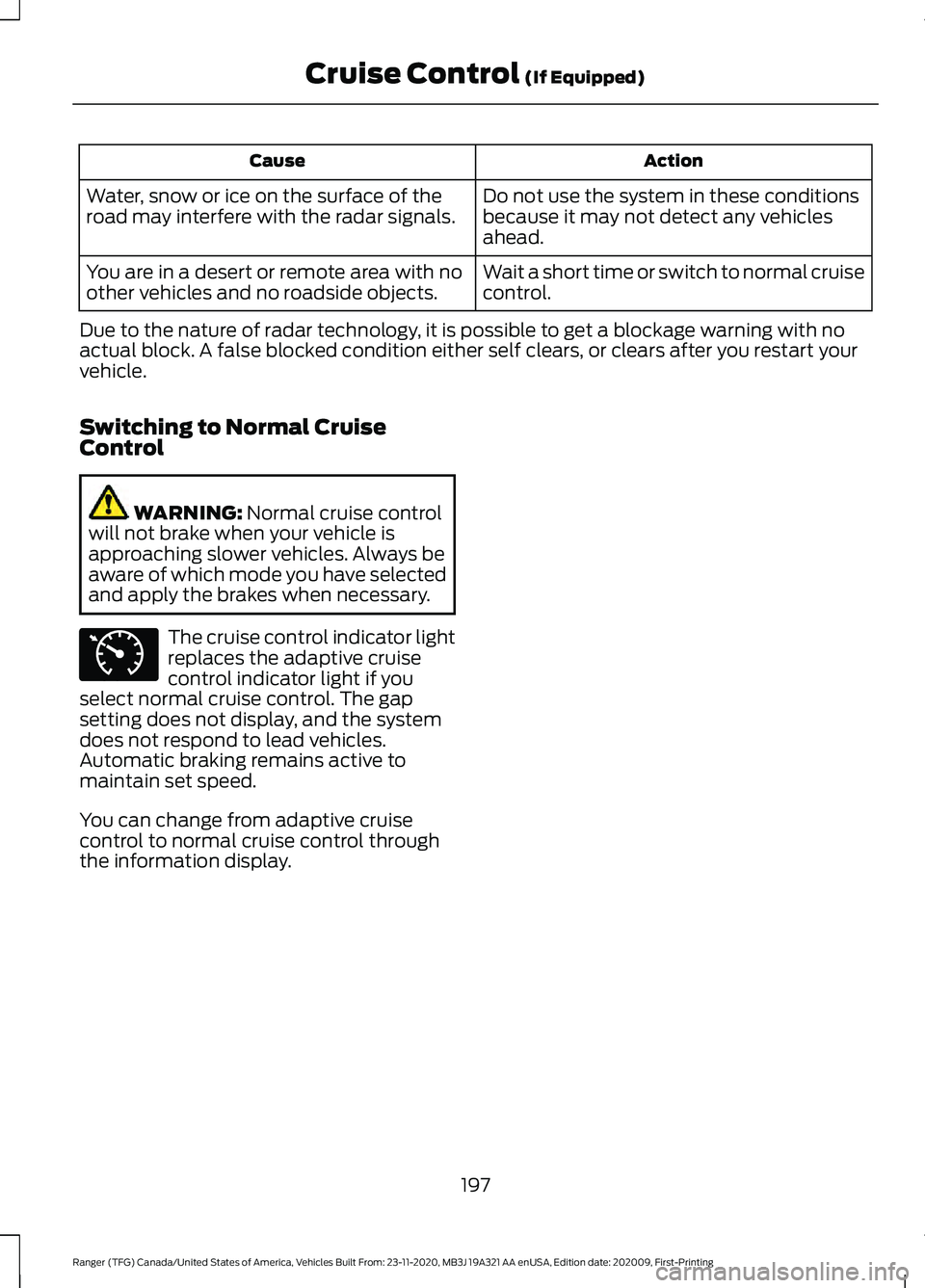 FORD RANGER 2021 Owners Guide Action
Cause
Do not use the system in these conditions
because it may not detect any vehicles
ahead.
Water, snow or ice on the surface of the
road may interfere with the radar signals.
Wait a short ti FORD RANGER 2021 Owners Guide Action
Cause
Do not use the system in these conditions
because it may not detect any vehicles
ahead.
Water, snow or ice on the surface of the
road may interfere with the radar signals.
Wait a short ti
