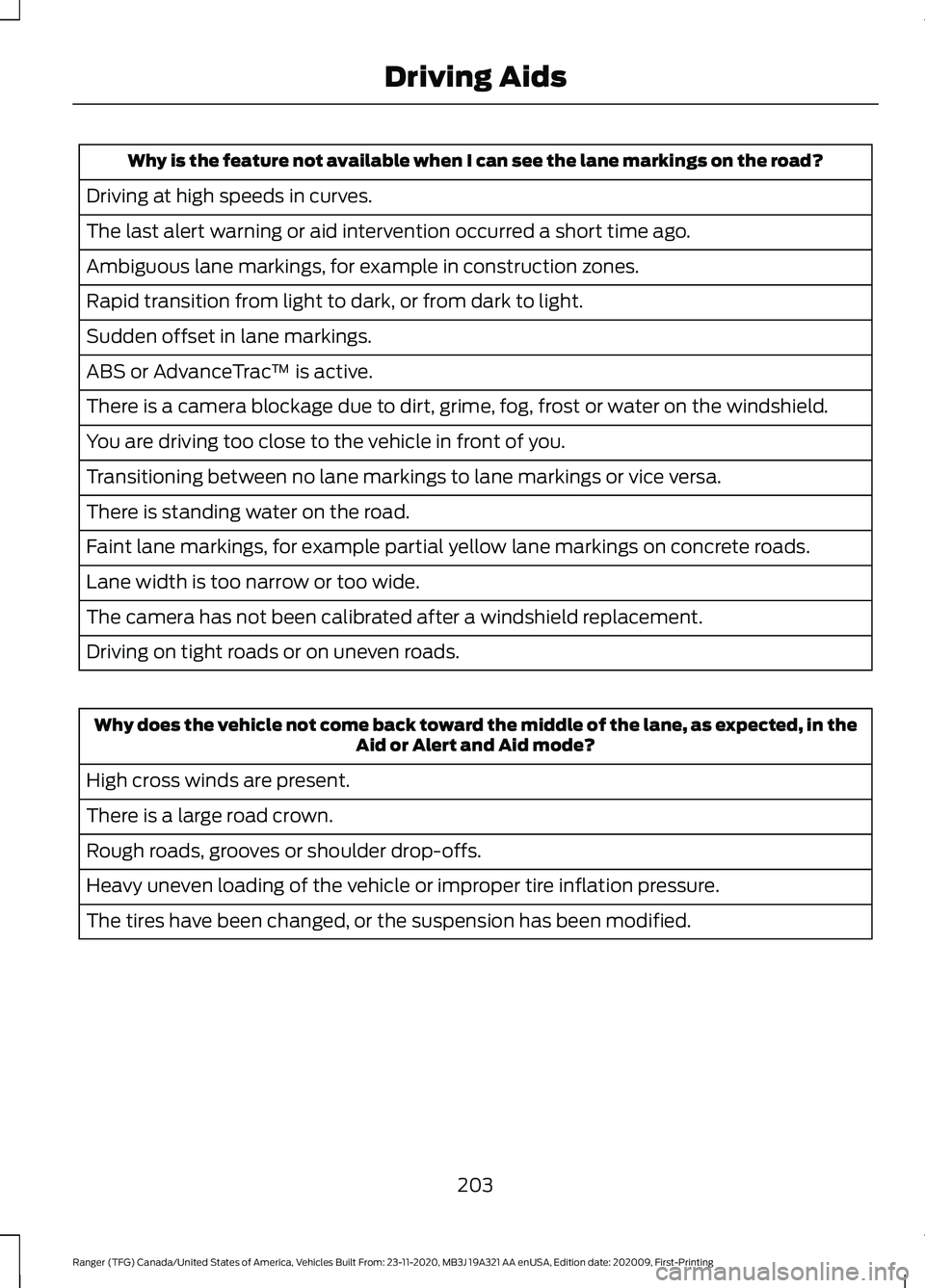 FORD RANGER 2021  Owners Manual Why is the feature not available when I can see the lane markings on the road?
Driving at high speeds in curves.
The last alert warning or aid intervention occurred a short time ago.
Ambiguous lane ma