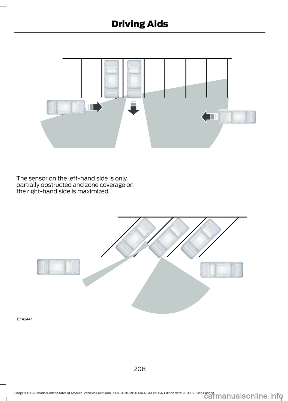 FORD RANGER 2021 Owners Guide The sensor on the left-hand side is only
partially obstructed and zone coverage on
the right-hand side is maximized.
208
Ranger (TFG) Canada/United States of America, Vehicles Built From: 23-11-2020, FORD RANGER 2021 Owners Guide The sensor on the left-hand side is only
partially obstructed and zone coverage on
the right-hand side is maximized.
208
Ranger (TFG) Canada/United States of America, Vehicles Built From: 23-11-2020,