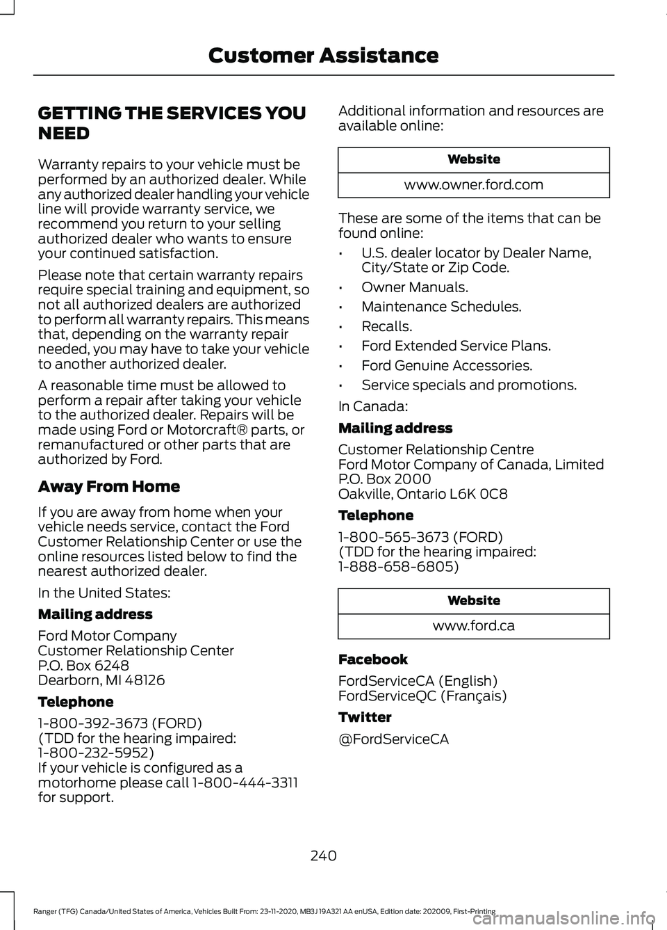 FORD RANGER 2021 Owners Manual GETTING THE SERVICES YOU
NEED
Warranty repairs to your vehicle must be
performed by an authorized dealer. While
any authorized dealer handling your vehicle
line will provide warranty service, we
recom FORD RANGER 2021 Owners Manual GETTING THE SERVICES YOU
NEED
Warranty repairs to your vehicle must be
performed by an authorized dealer. While
any authorized dealer handling your vehicle
line will provide warranty service, we
recom