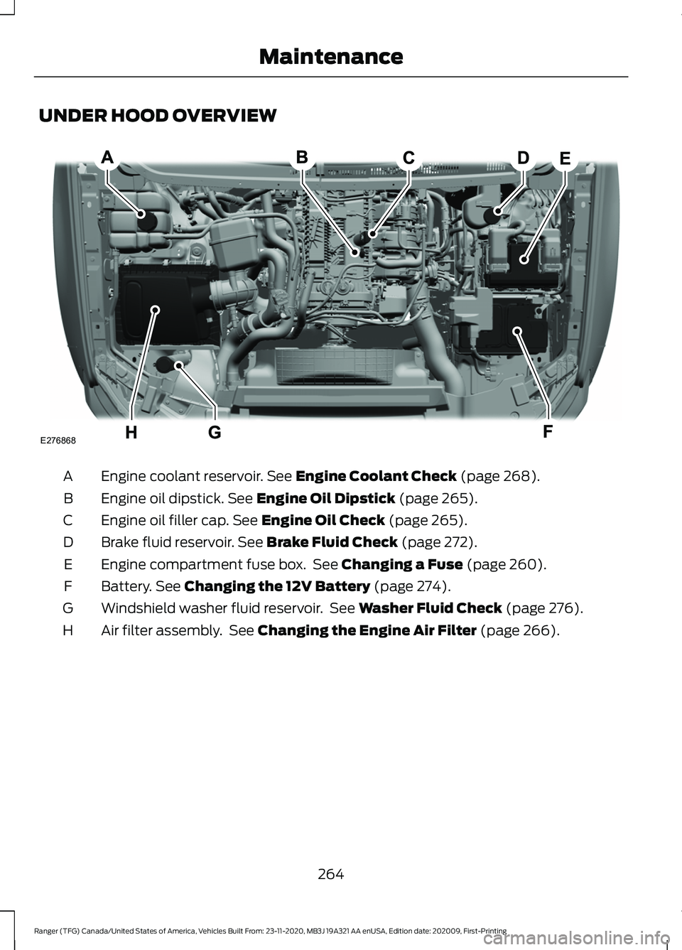 FORD RANGER 2021 Owners Manual UNDER HOOD OVERVIEW
Engine coolant reservoir. See Engine Coolant Check (page 268).
A
Engine oil dipstick.
See Engine Oil Dipstick (page 265).
B
Engine oil filler cap.
See Engine Oil Check (page 265) FORD RANGER 2021 Owners Manual UNDER HOOD OVERVIEW
Engine coolant reservoir. See Engine Coolant Check (page 268).
A
Engine oil dipstick.
See Engine Oil Dipstick (page 265).
B
Engine oil filler cap.
See Engine Oil Check (page 265)