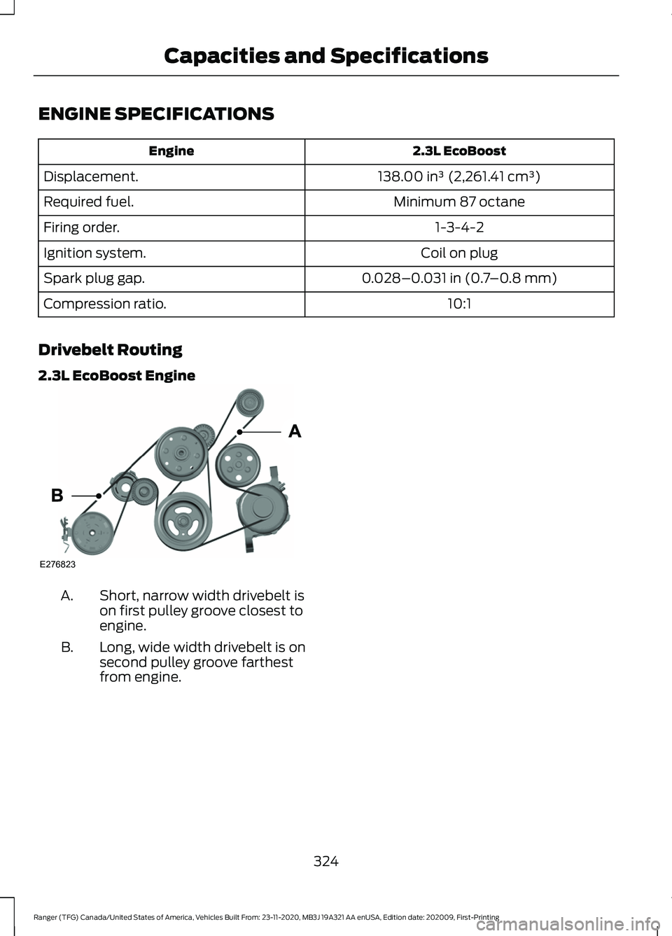 FORD RANGER 2021 Owners Manual ENGINE SPECIFICATIONS
2.3L EcoBoost
Engine
138.00 in³ (2,261.41 cm³)
Displacement.
Minimum 87 octane
Required fuel.
1-3-4-2
Firing order.
Coil on plug
Ignition system.
0.028–0.031 in (0.7–0.8 mm FORD RANGER 2021 Owners Manual ENGINE SPECIFICATIONS
2.3L EcoBoost
Engine
138.00 in³ (2,261.41 cm³)
Displacement.
Minimum 87 octane
Required fuel.
1-3-4-2
Firing order.
Coil on plug
Ignition system.
0.028–0.031 in (0.7–0.8 mm
