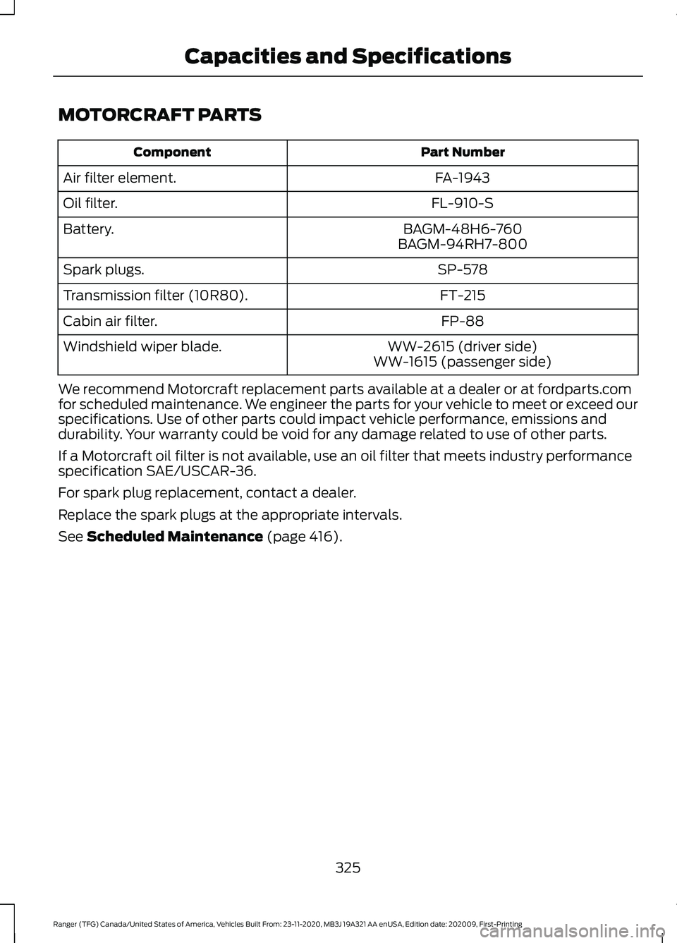 FORD RANGER 2021  Owners Manual MOTORCRAFT PARTS
Part Number
Component
FA-1943
Air filter element.
FL-910-S
Oil filter.
BAGM-48H6-760
Battery.
BAGM-94RH7-800
SP-578
Spark plugs.
FT-215
Transmission filter (10R80).
FP-88
Cabin air fi