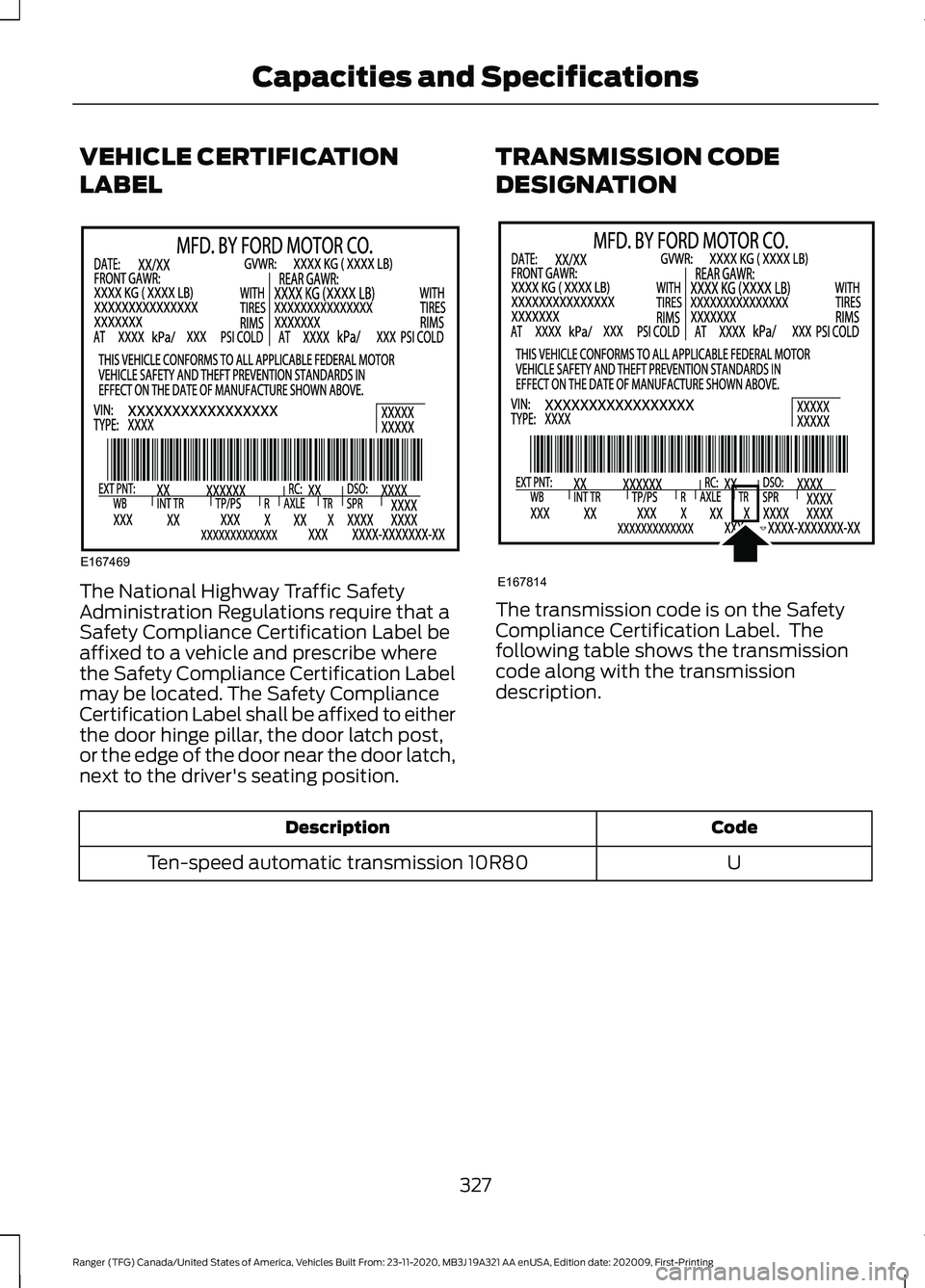 FORD RANGER 2021 Owners Manual VEHICLE CERTIFICATION
LABEL
The National Highway Traffic Safety
Administration Regulations require that a
Safety Compliance Certification Label be
affixed to a vehicle and prescribe where
the Safety C FORD RANGER 2021 Owners Manual VEHICLE CERTIFICATION
LABEL
The National Highway Traffic Safety
Administration Regulations require that a
Safety Compliance Certification Label be
affixed to a vehicle and prescribe where
the Safety C