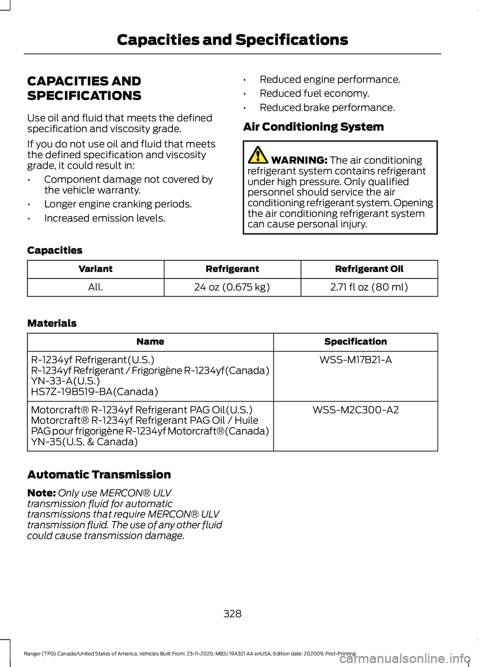 FORD RANGER 2021  Owners Manual CAPACITIES AND
SPECIFICATIONS
Use oil and fluid that meets the defined
specification and viscosity grade.
If you do not use oil and fluid that meets
the defined specification and viscosity
grade, it c