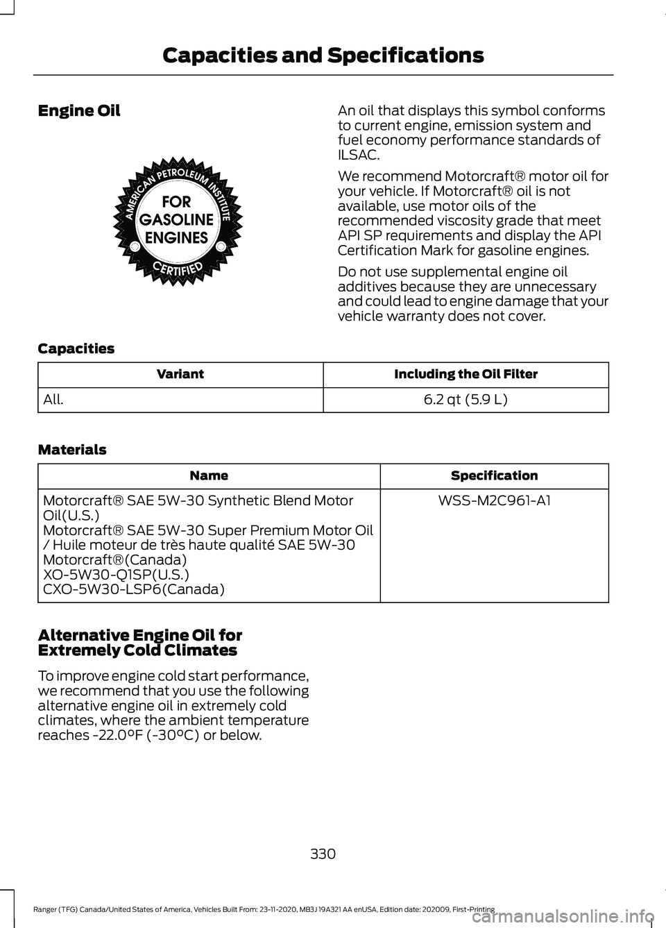 FORD RANGER 2021 Owners Manual Engine Oil An oil that displays this symbol conforms
to current engine, emission system and
fuel economy performance standards of
ILSAC.
We recommend Motorcraft® motor oil for
your vehicle. If Motorc FORD RANGER 2021 Owners Manual Engine Oil An oil that displays this symbol conforms
to current engine, emission system and
fuel economy performance standards of
ILSAC.
We recommend Motorcraft® motor oil for
your vehicle. If Motorc