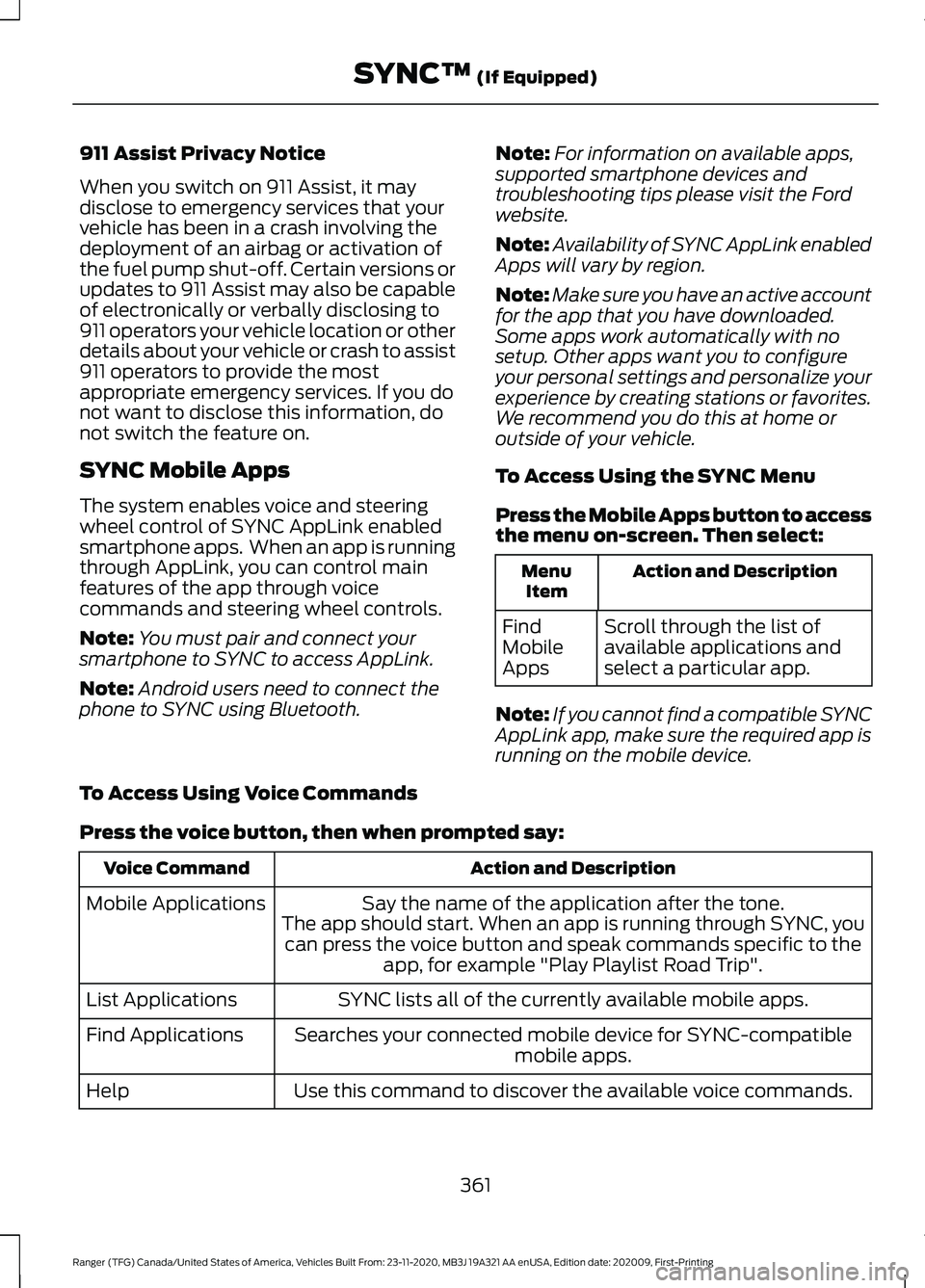 FORD RANGER 2021 Owners Manual 911 Assist Privacy Notice
When you switch on 911 Assist, it may
disclose to emergency services that your
vehicle has been in a crash involving the
deployment of an airbag or activation of
the fuel pum FORD RANGER 2021 Owners Manual 911 Assist Privacy Notice
When you switch on 911 Assist, it may
disclose to emergency services that your
vehicle has been in a crash involving the
deployment of an airbag or activation of
the fuel pum