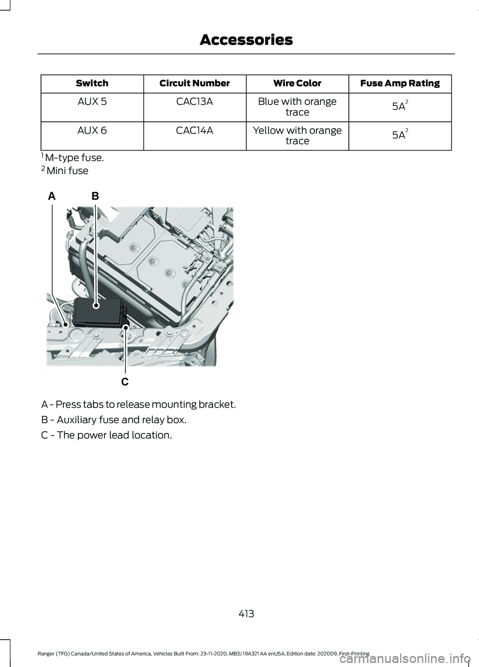 FORD RANGER 2021 Owners Manual Fuse Amp Rating
Wire Color
Circuit Number
Switch
5A2
Blue with orange
trace
CAC13A
AUX 5
5A2
Yellow with orange
trace
CAC14A
AUX 6
1 M-type fuse.
2 Mini fuse A - Press tabs to release mounting brack FORD RANGER 2021 Owners Manual Fuse Amp Rating
Wire Color
Circuit Number
Switch
5A2
Blue with orange
trace
CAC13A
AUX 5
5A2
Yellow with orange
trace
CAC14A
AUX 6
1 M-type fuse.
2 Mini fuse A - Press tabs to release mounting brack