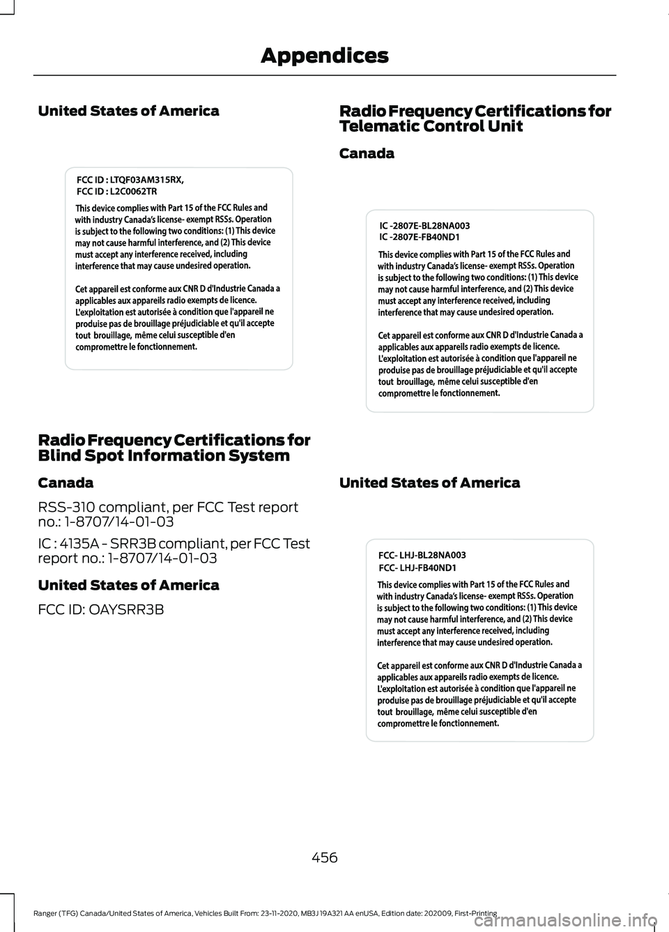 FORD RANGER 2021 Owners Manual United States of America
Radio Frequency Certifications for
Blind Spot Information System
Canada
RSS-310 compliant, per FCC Test report
no.: 1-8707/14-01-03
IC : 4135A - SRR3B compliant, per FCC Test
FORD RANGER 2021 Owners Manual United States of America
Radio Frequency Certifications for
Blind Spot Information System
Canada
RSS-310 compliant, per FCC Test report
no.: 1-8707/14-01-03
IC : 4135A - SRR3B compliant, per FCC Test