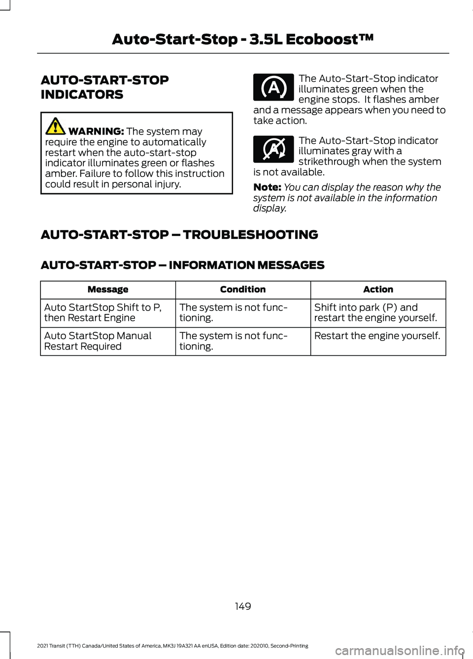 FORD TRANSIT 2021 User Guide AUTO-START-STOP
INDICATORS
WARNING: The system may
require the engine to automatically
restart when the auto-start-stop
indicator illuminates green or flashes
amber. Failure to follow this instruction FORD TRANSIT 2021 User Guide AUTO-START-STOP
INDICATORS
WARNING: The system may
require the engine to automatically
restart when the auto-start-stop
indicator illuminates green or flashes
amber. Failure to follow this instruction