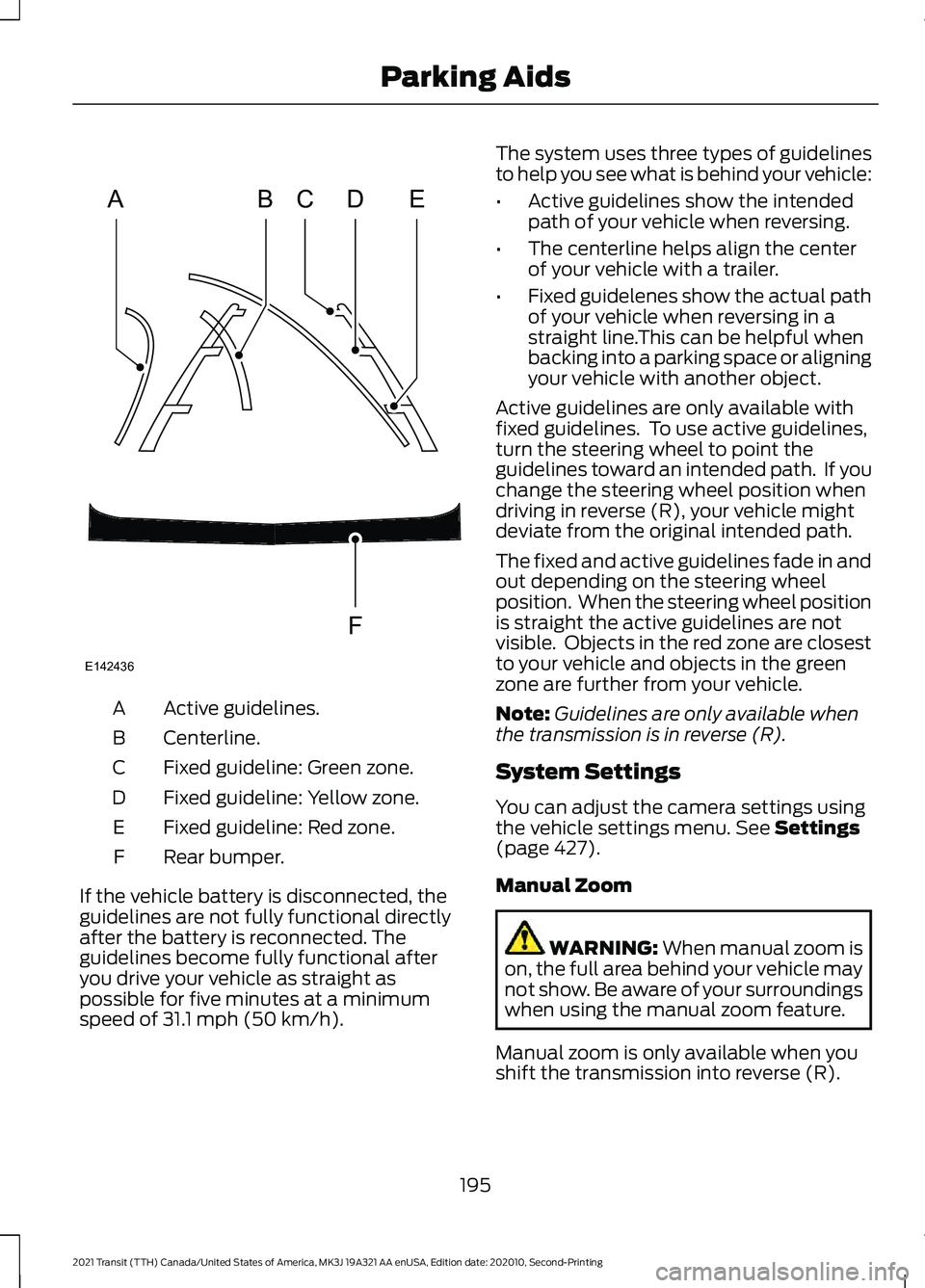 FORD TRANSIT 2021 Owners Guide Active guidelines.
A
Centerline.
B
Fixed guideline: Green zone.
C
Fixed guideline: Yellow zone.
D
Fixed guideline: Red zone.
E
Rear bumper.
F
If the vehicle battery is disconnected, the
guidelines are FORD TRANSIT 2021 Owners Guide Active guidelines.
A
Centerline.
B
Fixed guideline: Green zone.
C
Fixed guideline: Yellow zone.
D
Fixed guideline: Red zone.
E
Rear bumper.
F
If the vehicle battery is disconnected, the
guidelines are