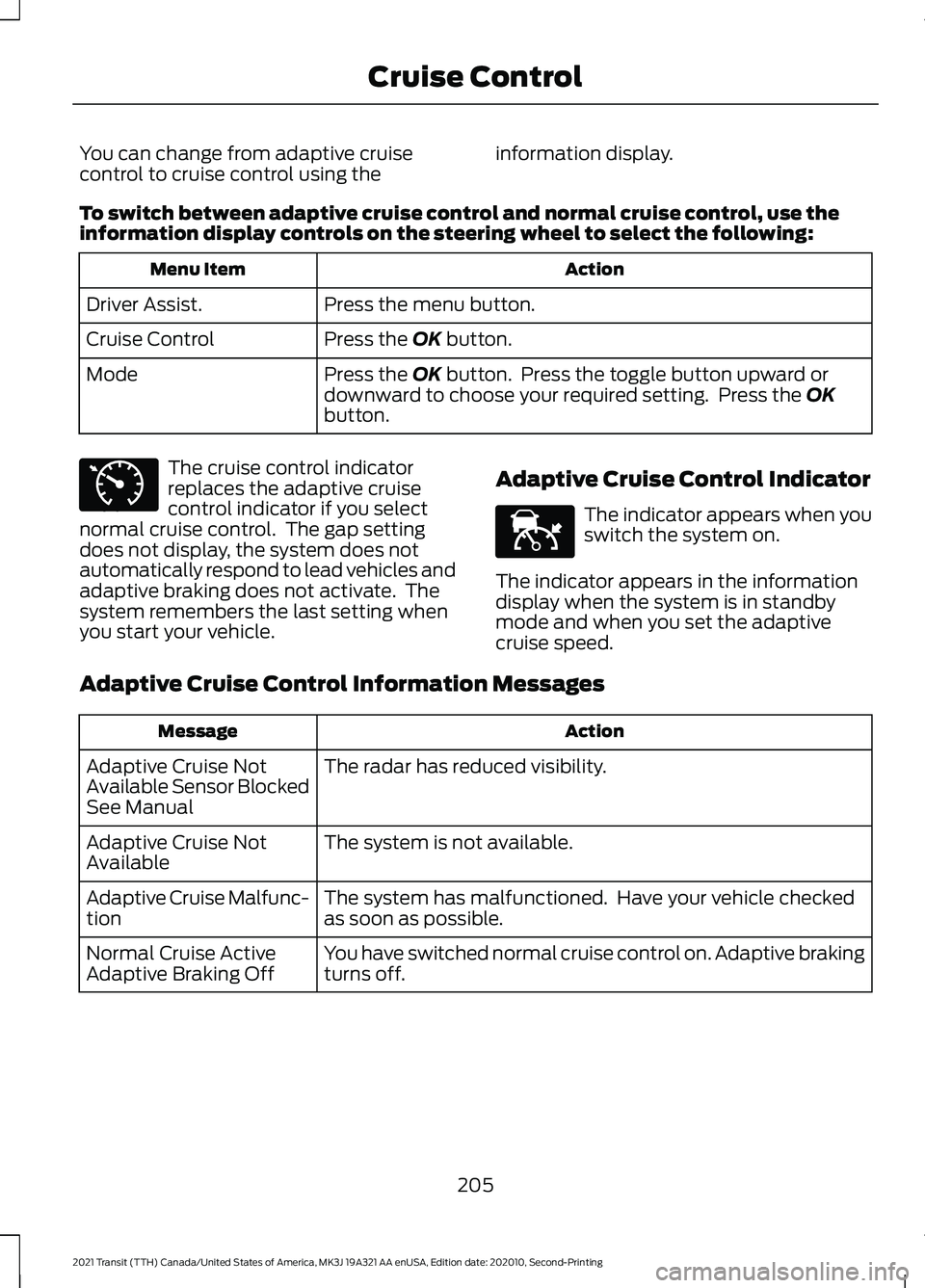 FORD TRANSIT 2021 Owners Manual You can change from adaptive cruise
control to cruise control using the
information display.
To switch between adaptive cruise control and normal cruise control, use the
information display controls o FORD TRANSIT 2021 Owners Manual You can change from adaptive cruise
control to cruise control using the
information display.
To switch between adaptive cruise control and normal cruise control, use the
information display controls o