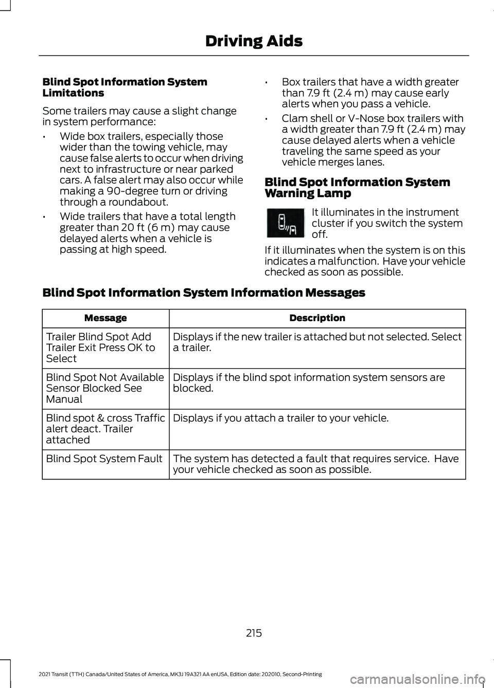 FORD TRANSIT 2021 Owners Guide Blind Spot Information System
Limitations
Some trailers may cause a slight change
in system performance:
•
Wide box trailers, especially those
wider than the towing vehicle, may
cause false alerts t FORD TRANSIT 2021 Owners Guide Blind Spot Information System
Limitations
Some trailers may cause a slight change
in system performance:
•
Wide box trailers, especially those
wider than the towing vehicle, may
cause false alerts t