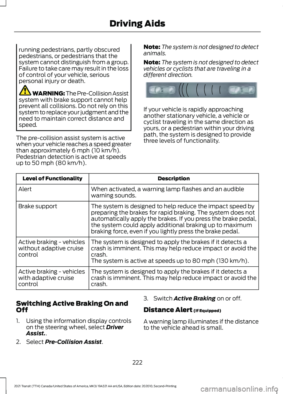 FORD TRANSIT 2021 Owners Manual running pedestrians, partly obscured
pedestrians, or pedestrians that the
system cannot distinguish from a group.
Failure to take care may result in the loss
of control of your vehicle, serious
person FORD TRANSIT 2021 Owners Manual running pedestrians, partly obscured
pedestrians, or pedestrians that the
system cannot distinguish from a group.
Failure to take care may result in the loss
of control of your vehicle, serious
person