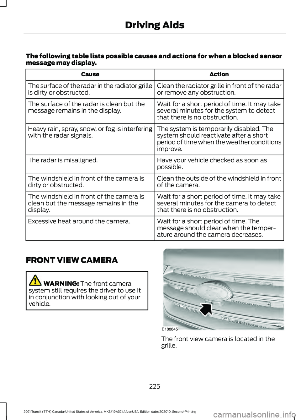 FORD TRANSIT 2021 Service Manual The following table lists possible causes and actions for when a blocked sensor
message may display.
Action
Cause
Clean the radiator grille in front of the radar
or remove any obstruction.
The surface FORD TRANSIT 2021 Service Manual The following table lists possible causes and actions for when a blocked sensor
message may display.
Action
Cause
Clean the radiator grille in front of the radar
or remove any obstruction.
The surface