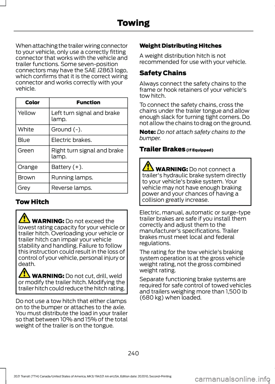 FORD TRANSIT 2021  Owners Manual When attaching the trailer wiring connector
to your vehicle, only use a correctly fitting
connector that works with the vehicle and
trailer functions. Some seven-position
connectors may have the SAE J