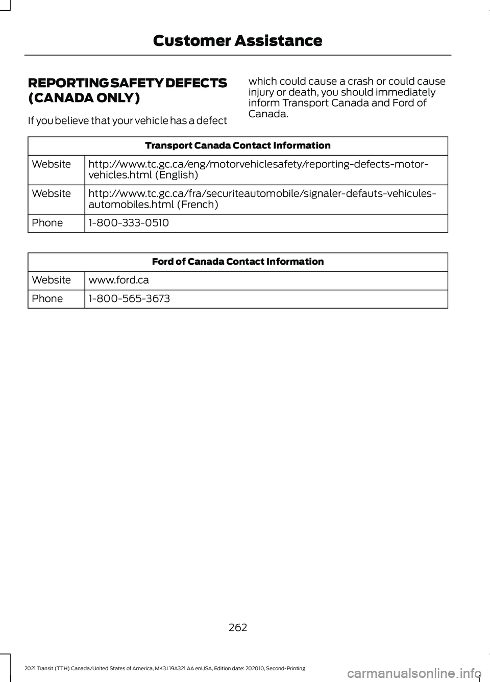 FORD TRANSIT 2021  Owners Manual REPORTING SAFETY DEFECTS
(CANADA ONLY)
If you believe that your vehicle has a defect
which could cause a crash or could cause
injury or death, you should immediately
inform Transport Canada and Ford o