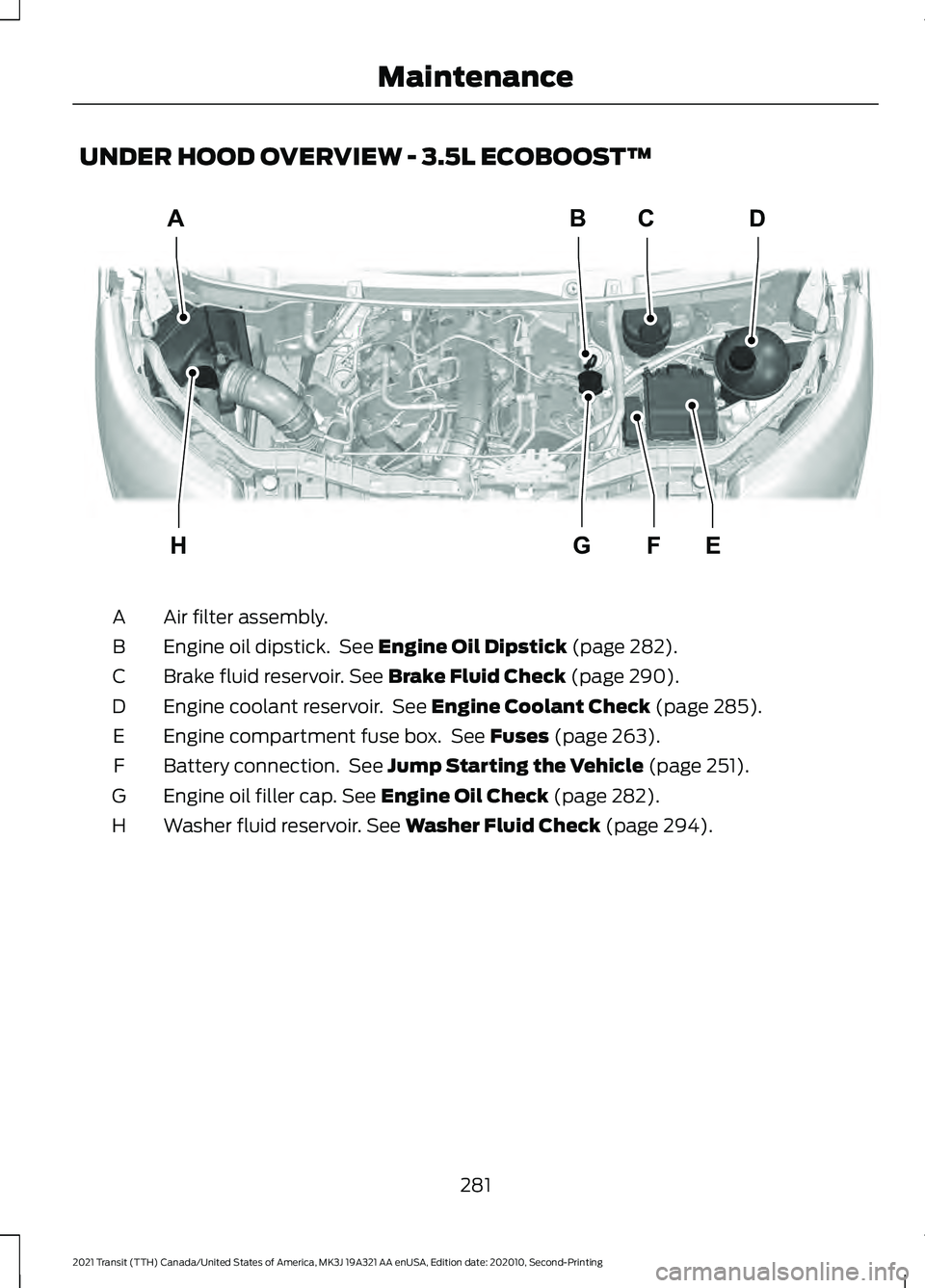 FORD TRANSIT 2021  Owners Manual UNDER HOOD OVERVIEW - 3.5L ECOBOOST™
Air filter assembly.
A
Engine oil dipstick.  See Engine Oil Dipstick (page 282).
B
Brake fluid reservoir.
 See Brake Fluid Check (page 290).
C
Engine coolant res