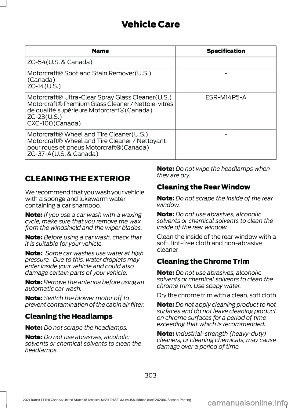 FORD TRANSIT 2021 User Guide Specification
Name
ZC-54(U.S. & Canada) -
Motorcraft® Spot and Stain Remover(U.S.)
(Canada)
ZC-14(U.S.)
ESR-M14P5-A
Motorcraft® Ultra-Clear Spray Glass Cleaner(U.S.)
Motorcraft® Premium Glass Clean FORD TRANSIT 2021 User Guide Specification
Name
ZC-54(U.S. & Canada) -
Motorcraft® Spot and Stain Remover(U.S.)
(Canada)
ZC-14(U.S.)
ESR-M14P5-A
Motorcraft® Ultra-Clear Spray Glass Cleaner(U.S.)
Motorcraft® Premium Glass Clean