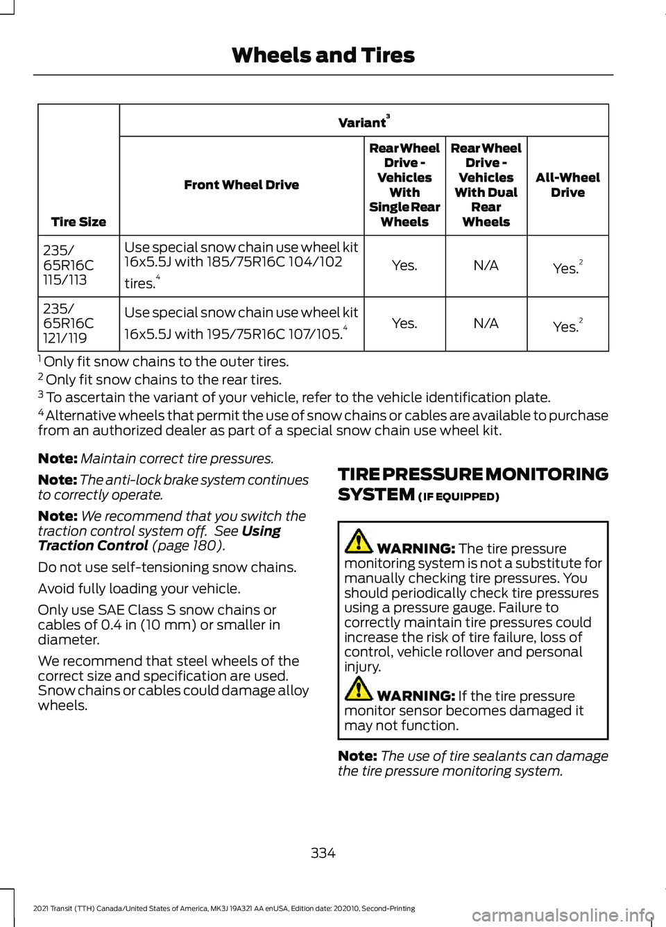 FORD TRANSIT 2021 Owners Manual Variant
3
Tire Size All-Wheel
Drive
Rear Wheel
Drive -
Vehicles
With Dual Rear
Wheels
Rear Wheel
Drive -
Vehicles With
Single Rear Wheels
Front Wheel Drive
Yes.2
N/A
Yes.
Use special snow chain use wh FORD TRANSIT 2021 Owners Manual Variant
3
Tire Size All-Wheel
Drive
Rear Wheel
Drive -
Vehicles
With Dual Rear
Wheels
Rear Wheel
Drive -
Vehicles With
Single Rear Wheels
Front Wheel Drive
Yes.2
N/A
Yes.
Use special snow chain use wh