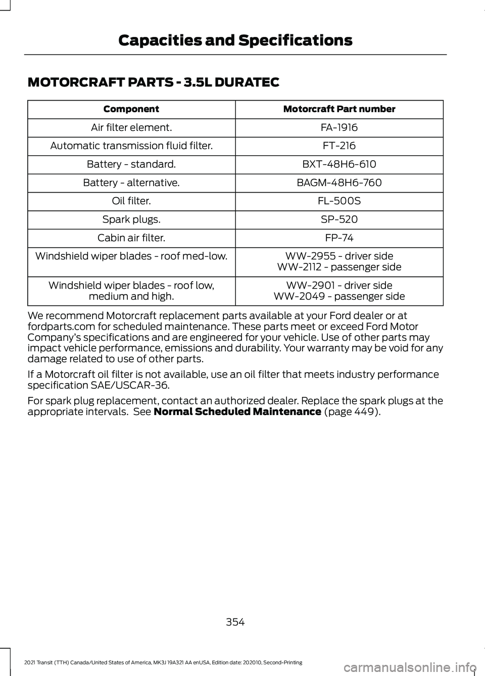 FORD TRANSIT 2021  Owners Manual MOTORCRAFT PARTS - 3.5L DURATEC
Motorcraft Part number
Component
FA-1916
Air filter element.
FT-216
Automatic transmission fluid filter.
BXT-48H6-610
Battery - standard.
BAGM-48H6-760
Battery - altern