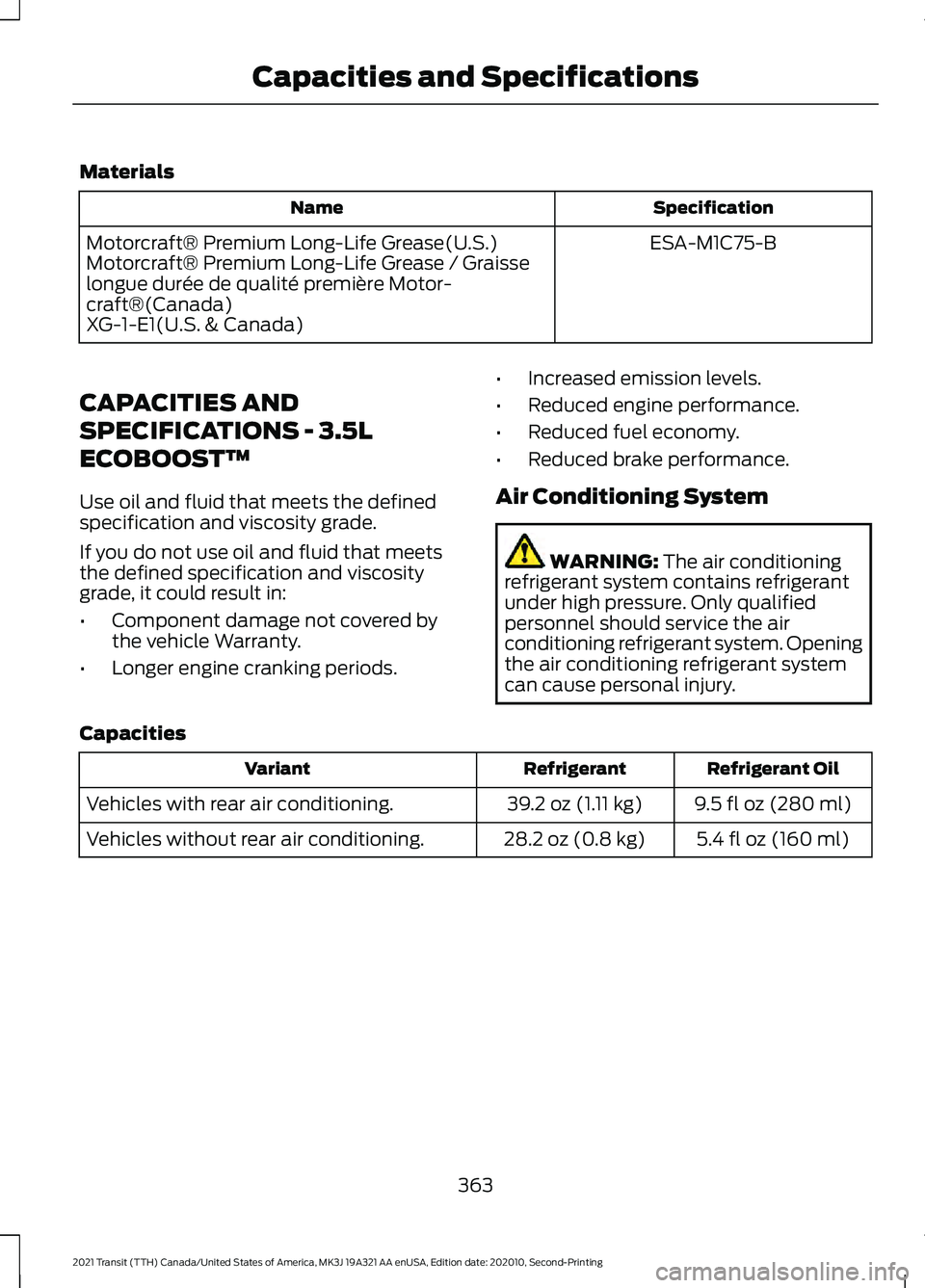 FORD TRANSIT 2021 Owners Manual Materials
Specification
Name
ESA-M1C75-B
Motorcraft® Premium Long-Life Grease(U.S.)
Motorcraft® Premium Long-Life Grease / Graisse
longue durée de qualité première Motor-
craft®(Canada)
XG-1-E1( FORD TRANSIT 2021 Owners Manual Materials
Specification
Name
ESA-M1C75-B
Motorcraft® Premium Long-Life Grease(U.S.)
Motorcraft® Premium Long-Life Grease / Graisse
longue durée de qualité première Motor-
craft®(Canada)
XG-1-E1(