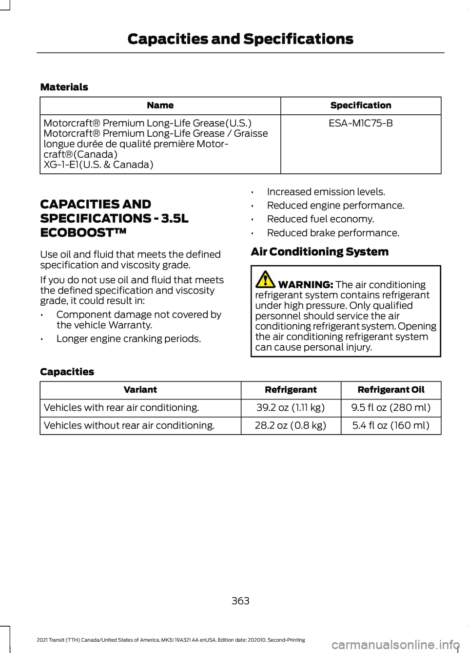 FORD TRANSIT 2021  Owners Manual Materials
Specification
Name
ESA-M1C75-B
Motorcraft® Premium Long-Life Grease(U.S.)
Motorcraft® Premium Long-Life Grease / Graisse
longue durée de qualité première Motor-
craft®(Canada)
XG-1-E1(